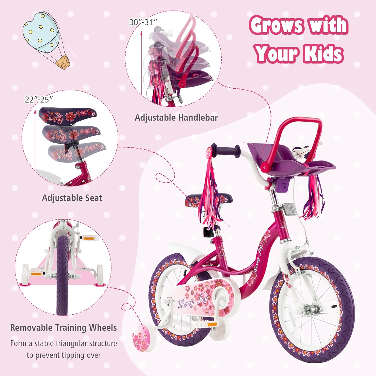 BABY JOY Bicicleta para niños, bicicleta de 14, 16 y 18 pulgadas, con ruedas de entrenamiento extraíbles, asiento ajustable, marco de acero y freno,