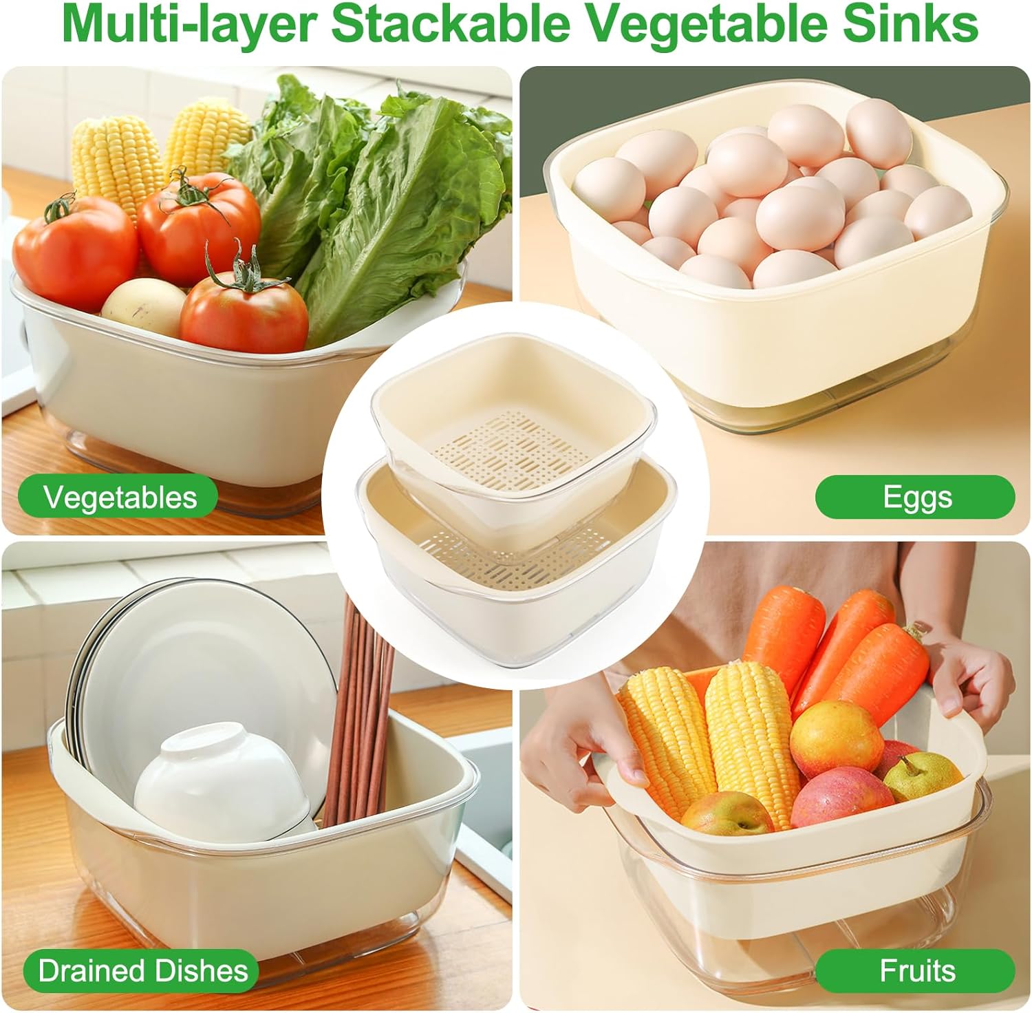 Juego de coladores y coladores 2 en 1 con cuenco, 4 coladores de frutas, cuenco de limpieza de frutas, colador multiuso, colador de frutas, cesta de