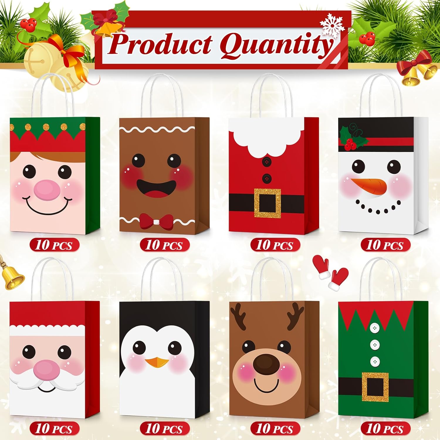 80 bolsas de regalo de Navidad con asas, tamaño pequeño, reutilizables, bolsas de papel de estraza de papel de estraza de Feliz Navidad, bolsas de