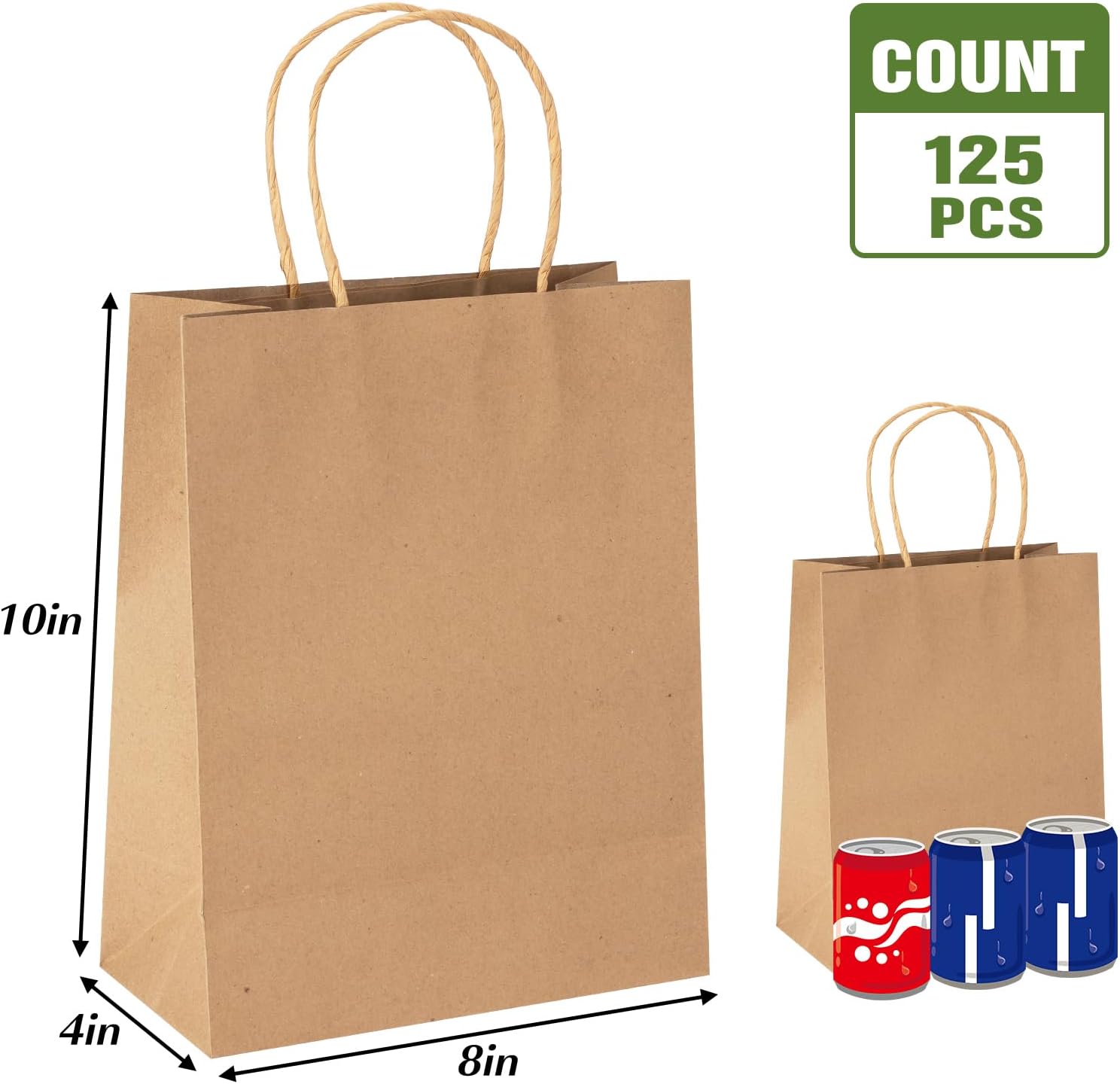 Moretoes 125 bolsas de papel con asas, bolsas de regalo de tamaño mediano de 8 x 4 x 10 pulgadas, bolsas de papel marrón para pequeñas empresas,
