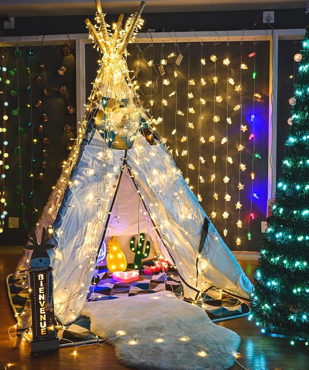 Luces de Navidad para exteriores, 800 luces LED de 330 pies, color blanco cálido, 8 modos de enchufe, decoración impermeable, luces parpadeantes