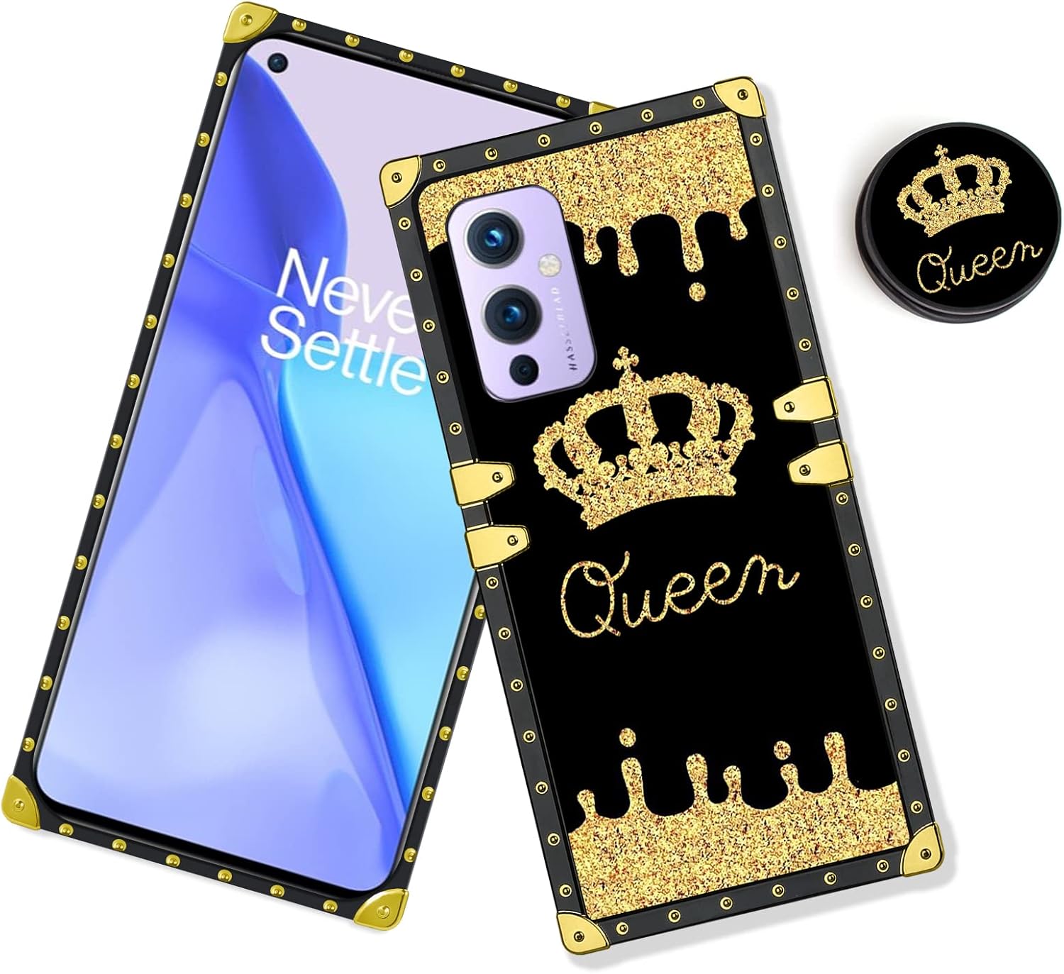 LSL Compatible con OnePlus 9 5G Funda cuadrada para teléfono, Queen Golden Crown de lujo, revestimiento de poliuretano termoplástico de lujo, a