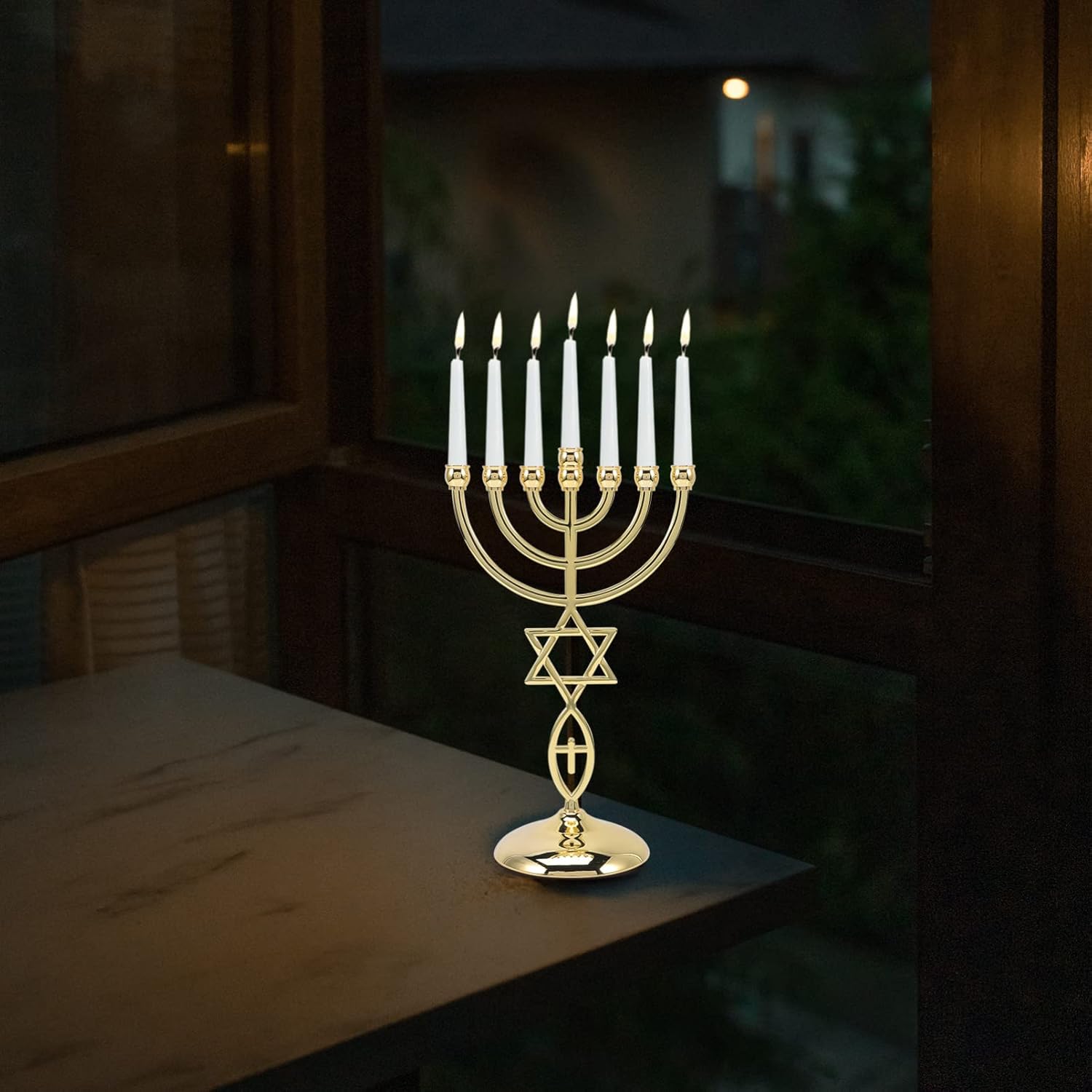 Candelabro, soporte para velas de menorá de Hanukkah, 7 ramas, centro de mesa de menorá, cono dorado, decoración para fiestas de vacaciones de