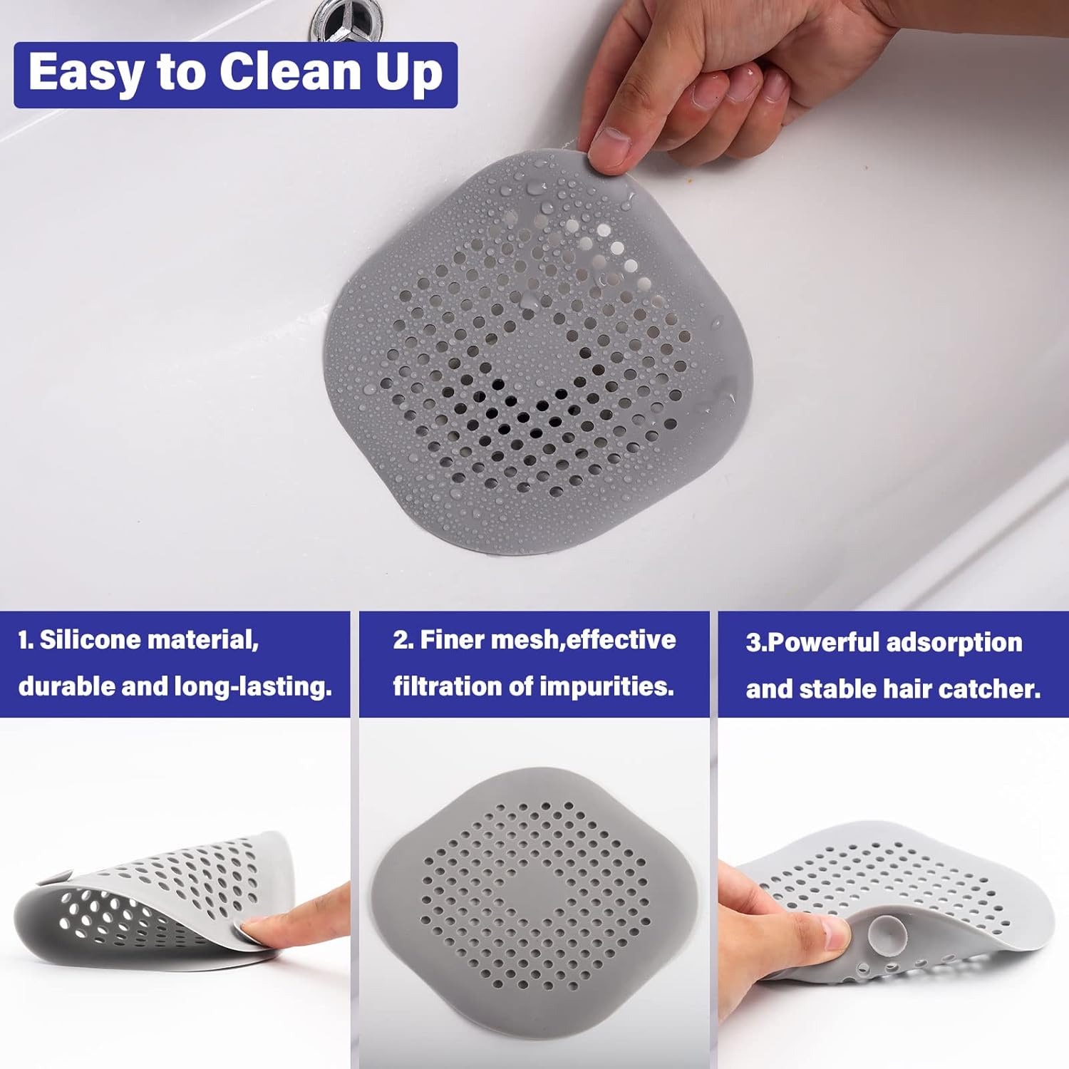 Recogedor de pelo de drenaje, tapón de silicona con ventosa, cubierta cuadrada de drenaje de ducha fácil de limpiar e instalar, traje para baño,