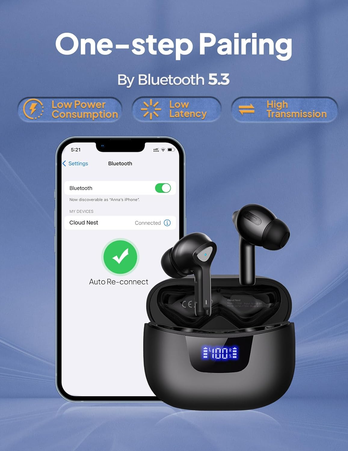 Auriculares inalámbricos Bluetooth V5.3, reproducción de 50 horas, graves profundos, estéreo con pantalla de alimentación LED, estuche de carga