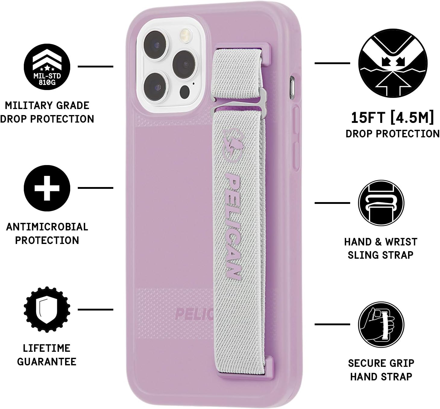 PELICAN – Serie PROTECTOR SLING – Funda para iPhone 12 y iPhone 12 Pro (5G), protección contra caídas de 15pies, de 6.1 pulgadas, color morado malva