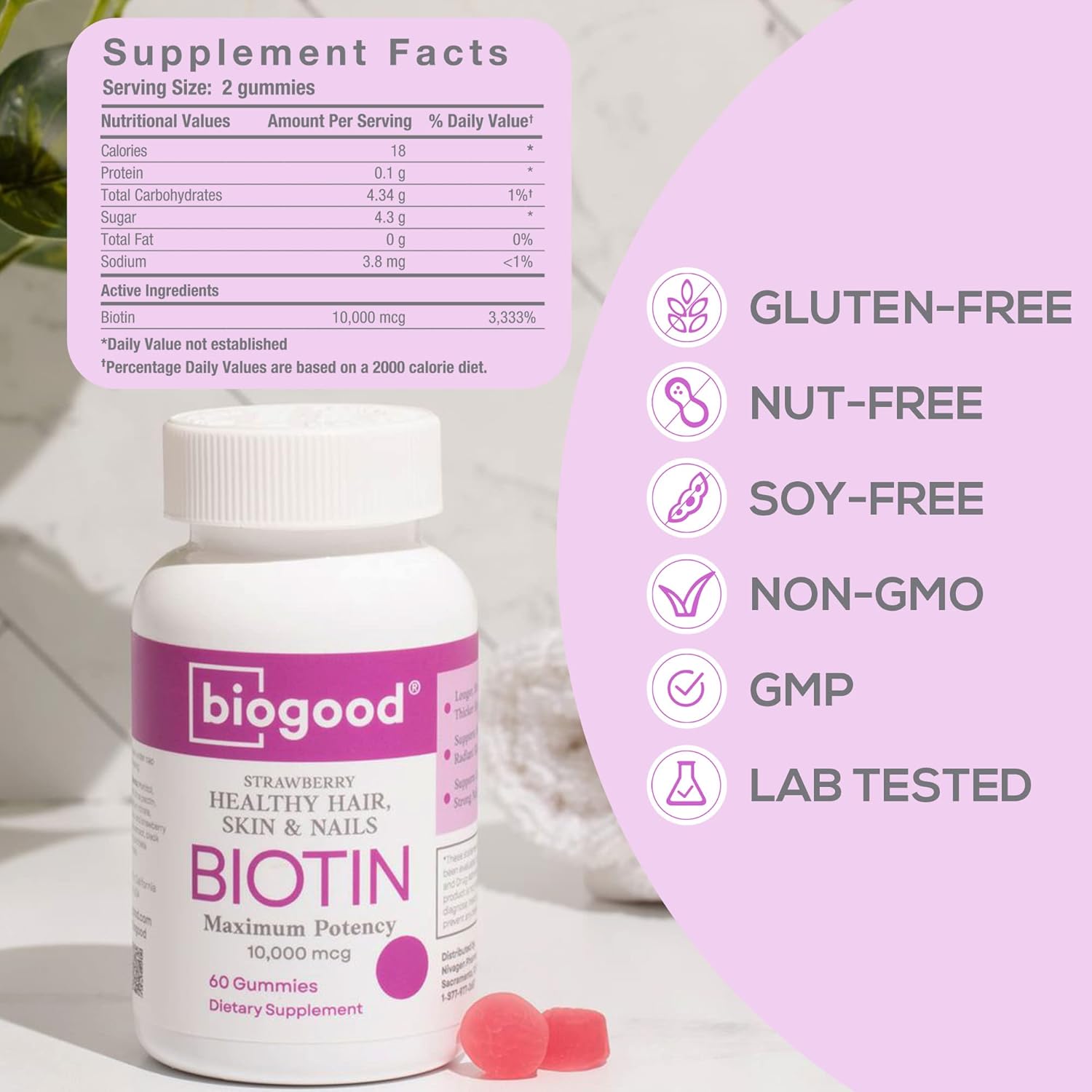 Biotin – Gomitas multivitamínicas sin OMG para mujer, con 10,000 mcg de biotina sabor a fresa, 60 unidades