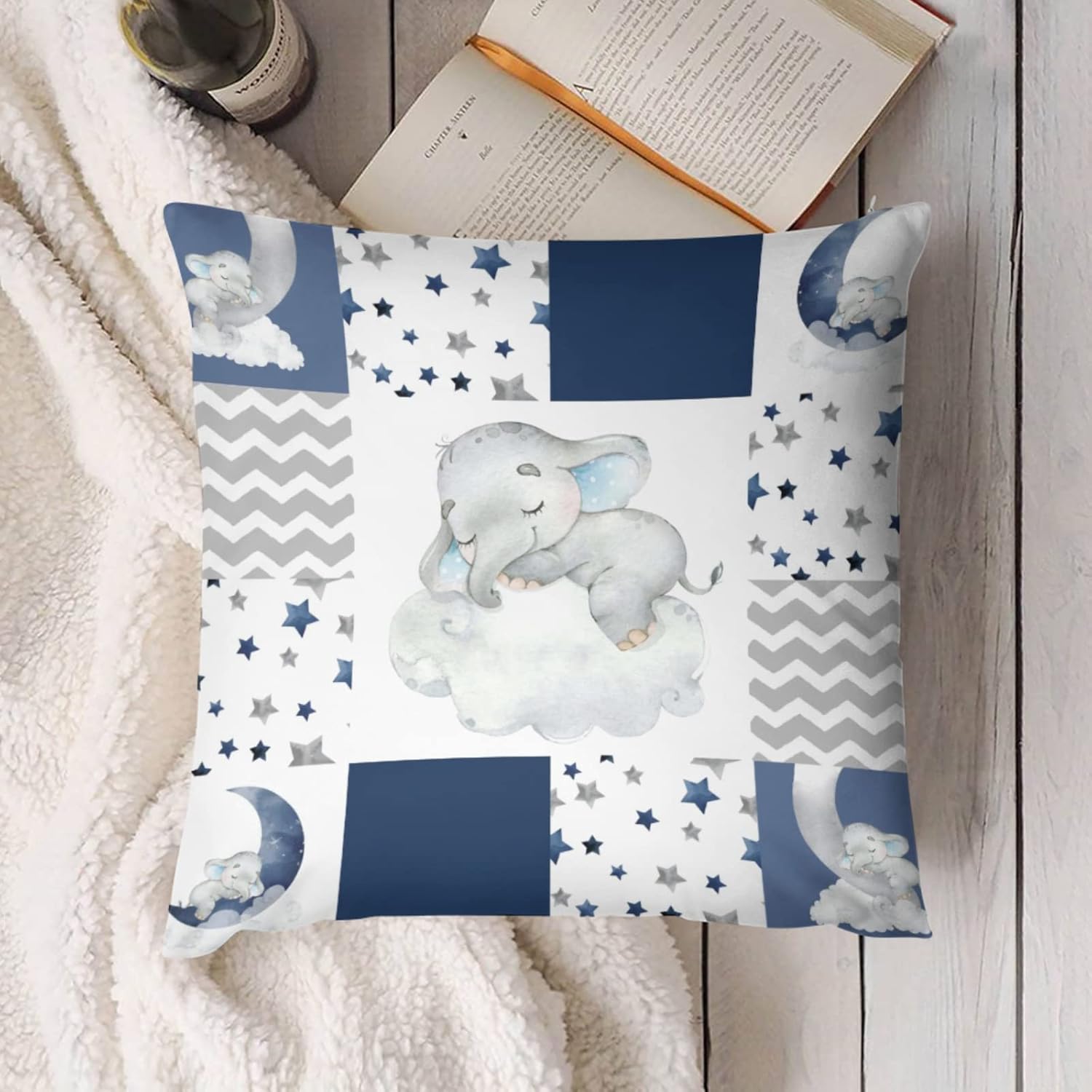 Funda de almohada decorativa de elefante dormido para bebé, diseño de elefante dormido, con frase “Dream Big Little One You Are So Loved”,