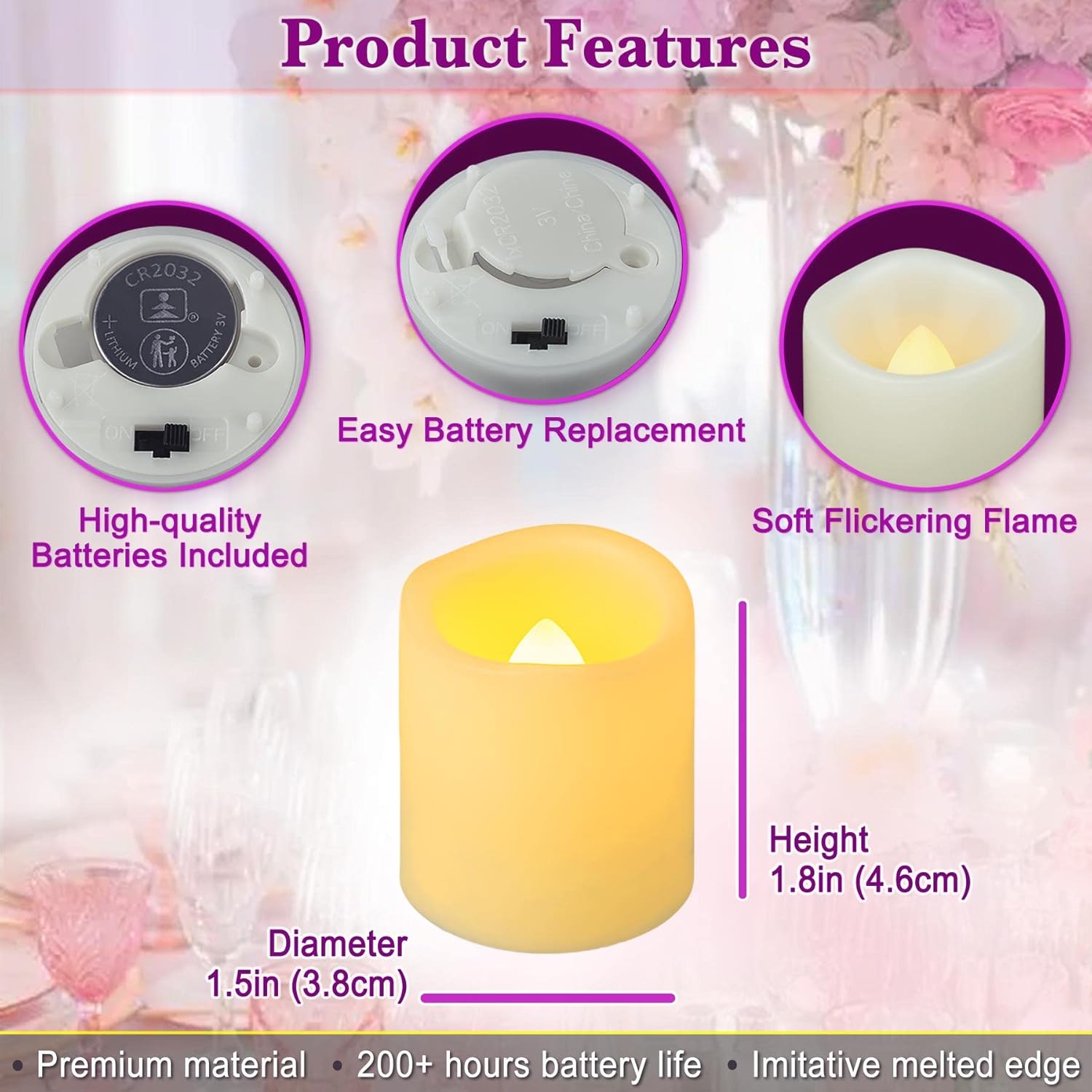 Paquete de 24 velas votivas LED parpadeantes de 1.5 x 1.8 pulgadas, sin llama, funcionan con pilas, encendidas más de 200 horas, velas votivas LED