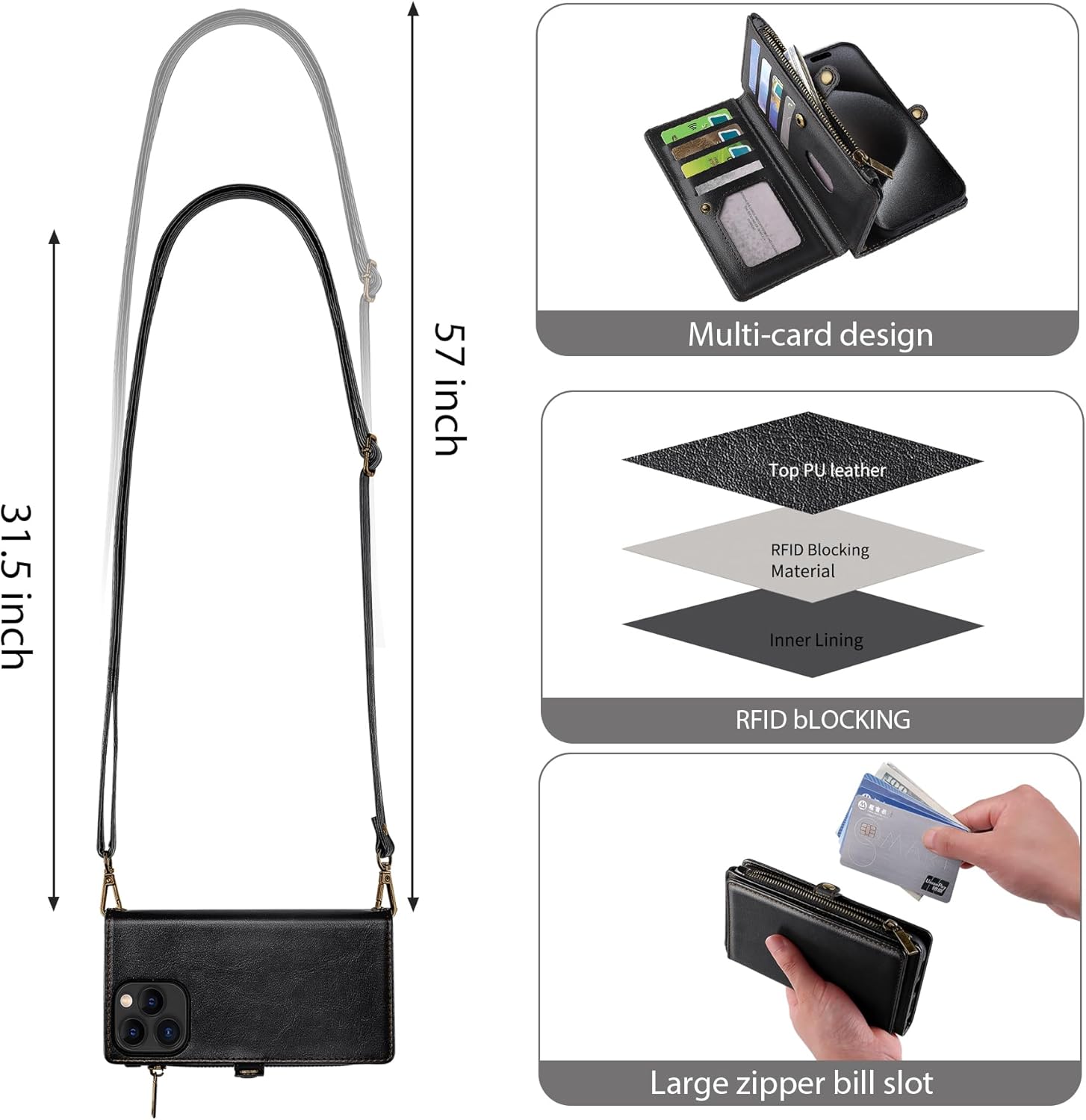 MInCYB Compatible con iPhone 15 Pro Max Crossbody Wallet Case, iPhone 15 Pro Max de piel sintética desmontable con cremallera magnética, con correa