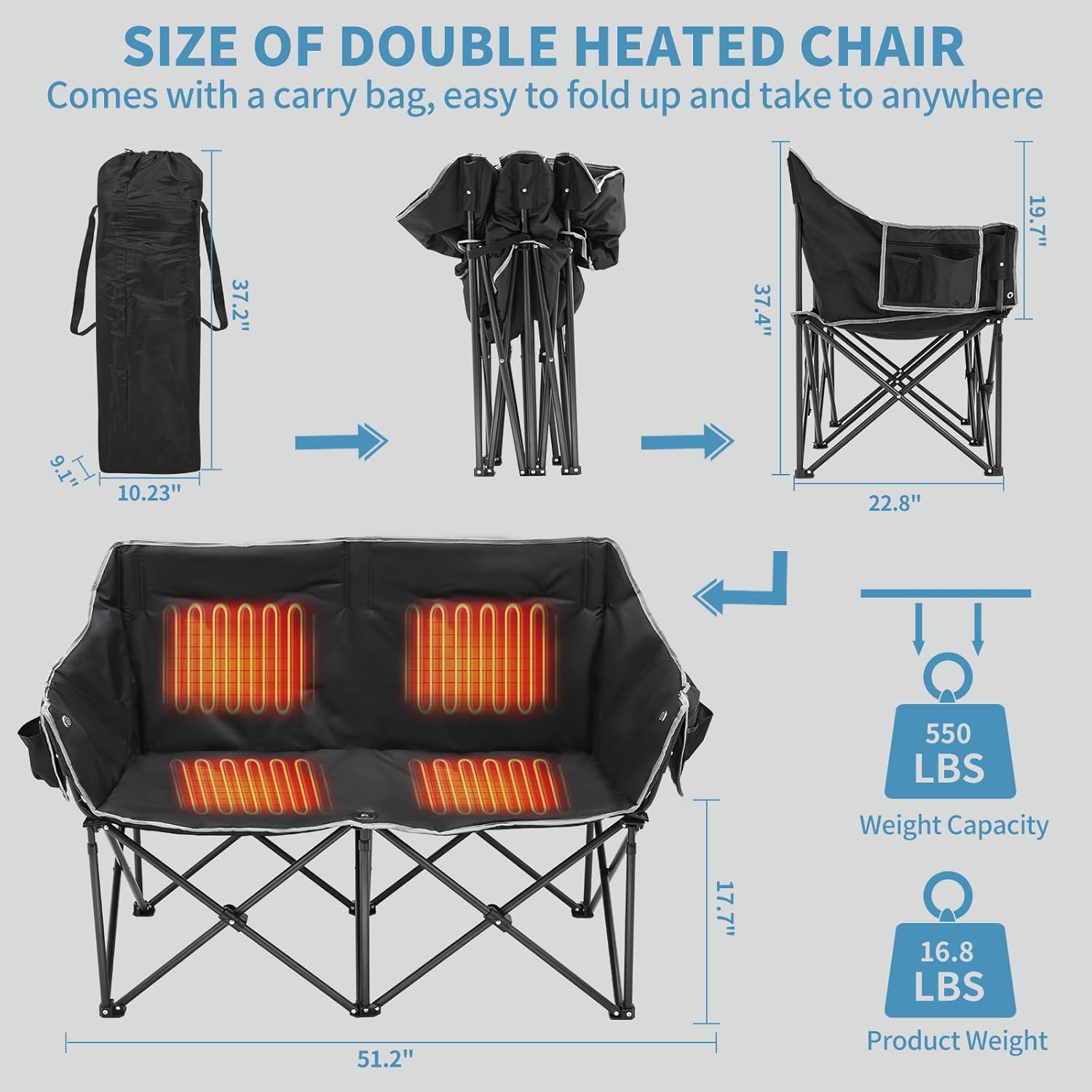NAIZEA Silla de camping doble con calefacción, silla plegable para 2 personas, sillas térmicas portátiles para deportes al aire libre con 3 niveles