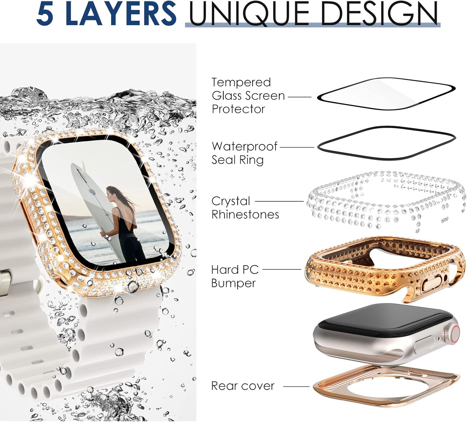 NewWays Paquete de 2 fundas impermeables 2 en 1 para Apple Watch Series 8 y Series 7 de 1.772 in, protector de pantalla con diamantes de imitación