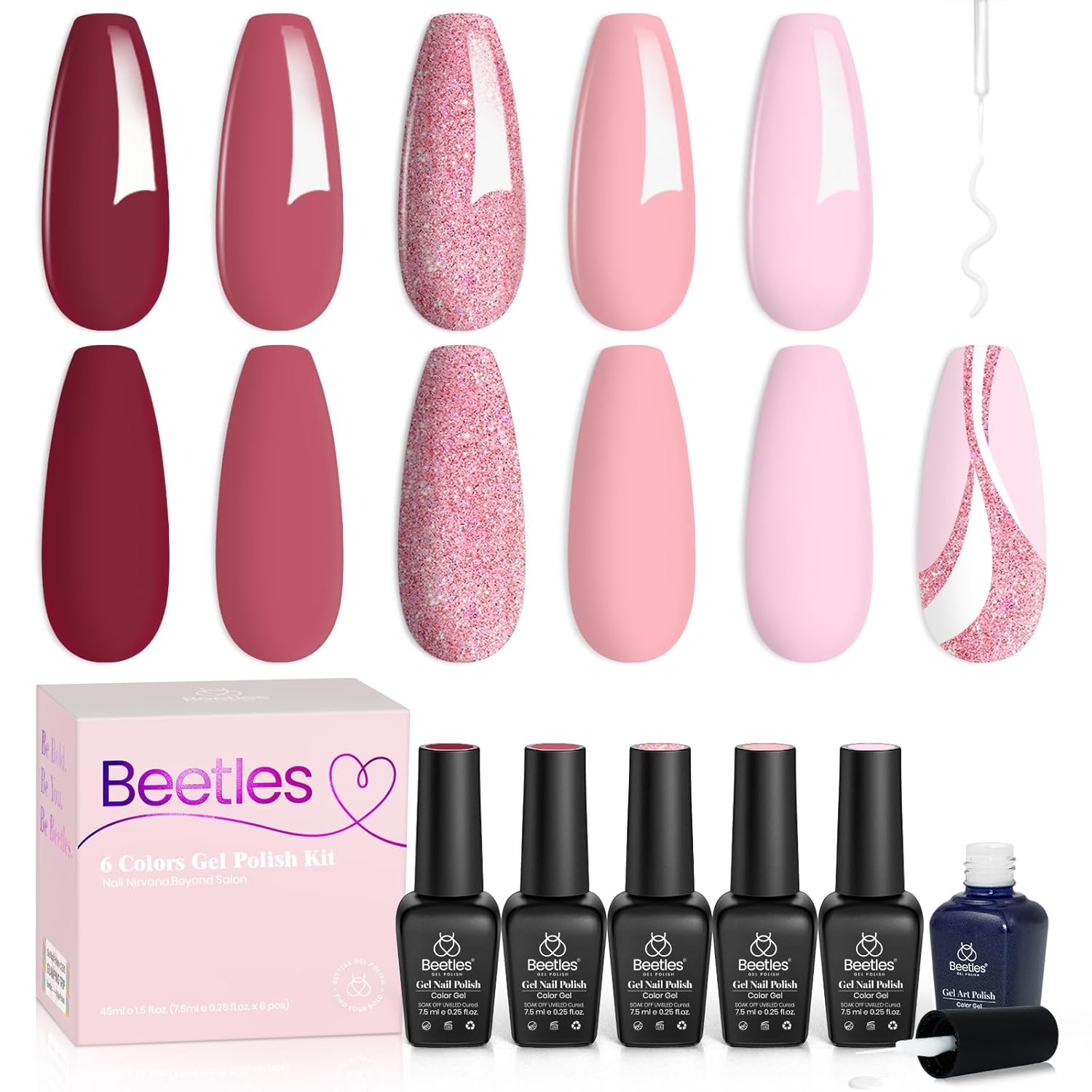 Beetles – Kit de 6 piezas y 5 colores de esmalte de gel de uñas City of Love, colores rosa y brillo y 1 gel delineador de uñas con lámpara