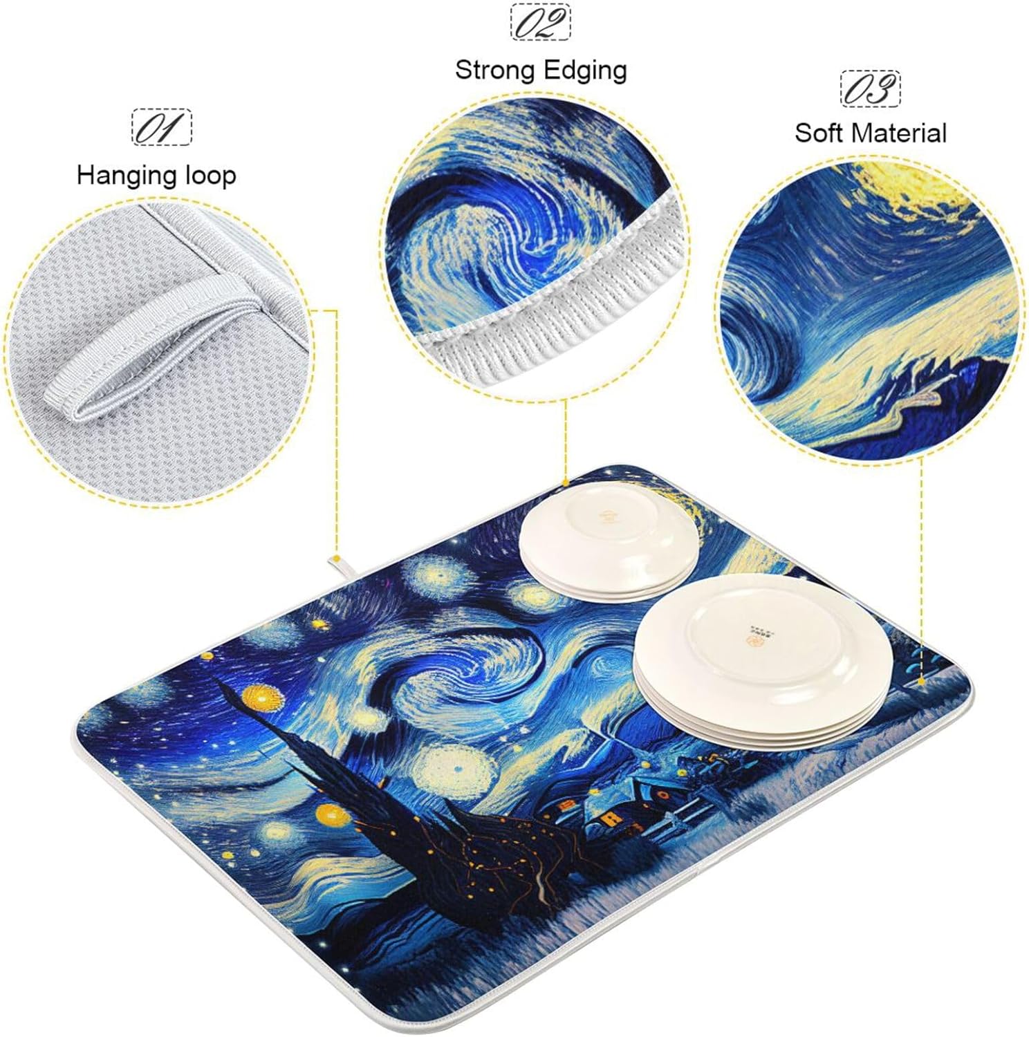 Tapete de secado nocturno de platos estilo Van Gogh para encimera de cocina, tapete escurridor de platos de microfibra, absorbente de secado rápido,