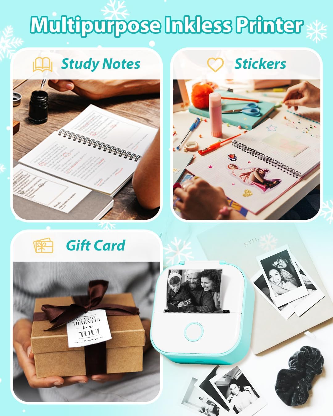 Phomemo T02 Impresora sin tinta con 3 rollos de papel, mini impresora de calcomanías para impresora Bluetooth térmica de bolsillo para notas de