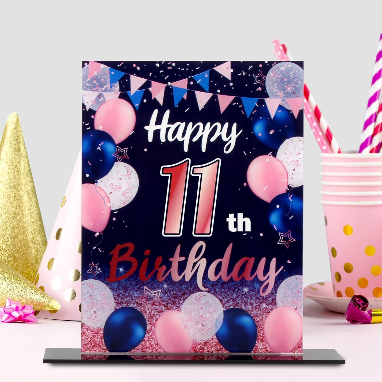 LINGTEER Centros de mesa acrílicos con globos de color azul marino y rosa con texto en inglés “Happy 11th Birthday”, 2 unidades de decoración de