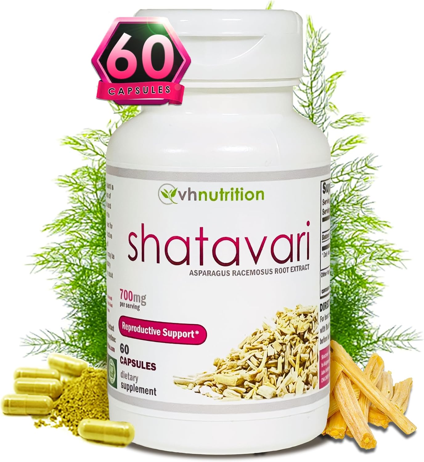 VH Nutrition SHATAVARI  Cápsulas Shatavari  700 mg de extracto de espárragos racemosos  Vitalidad Femenina* y rejuvenecimiento*  Equilibrio de