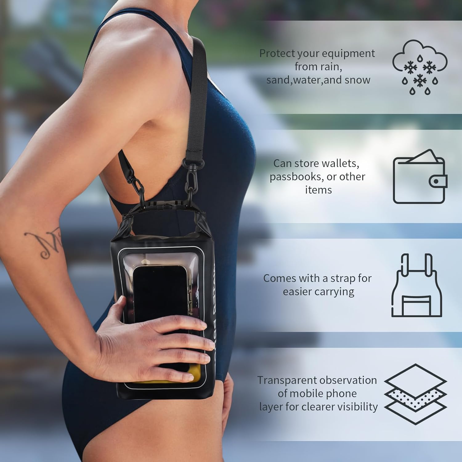 Bolsa seca impermeable IP68, 2L  Bolsa impermeable enrollable para piscina, bolsas secas para kayak resistente al agua con bolsa para teléfono,