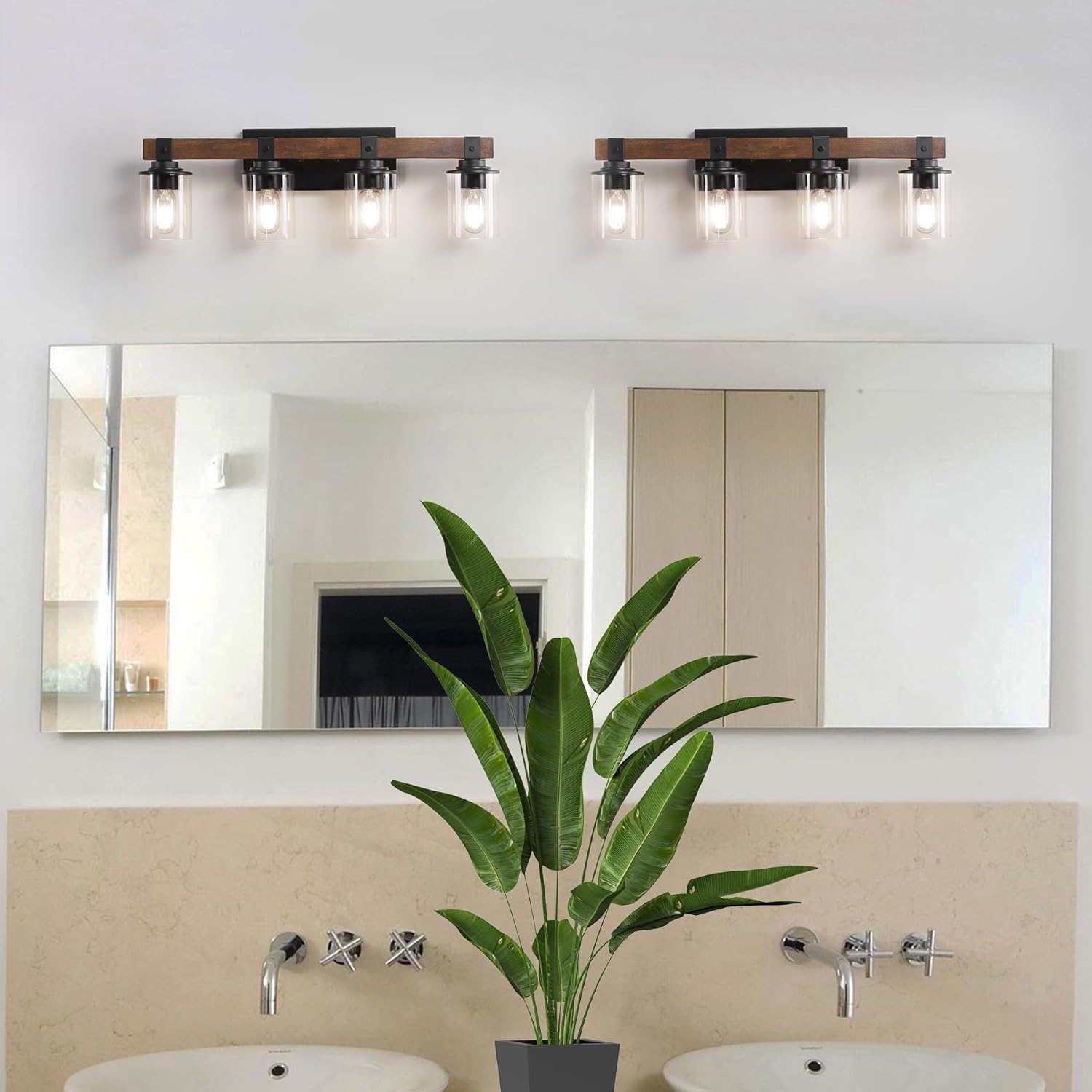 DIKAIDA DAKAIDA – Luces de tocador de baño de 4 luces, luces de tocador de madera para baño, con pantalla de vidrio transparente, apliques de metal