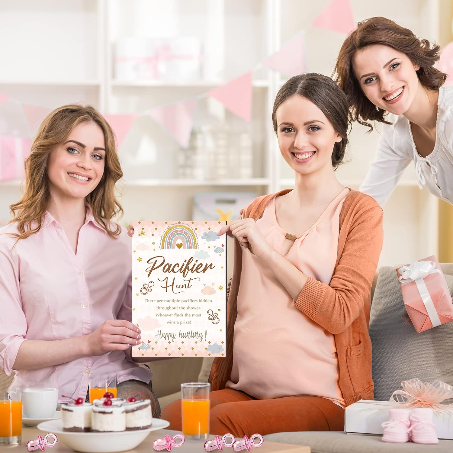 51 juegos geniales para baby shower, incluyen letrero de caza de chupete bohemio y 50 chupetes acrílicos para bebé, mini chupetes para temática