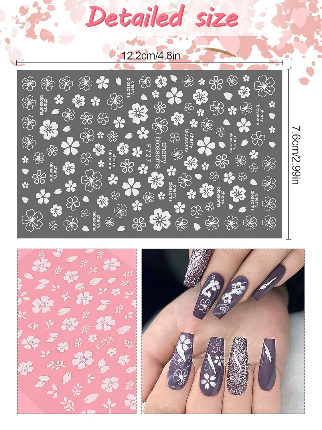 EBANKU – Calcomanías para uñas de flor de cerezo, 8 hojas autoadhesivas de flores blancas para uñas acrílicas, suministros de arte de uñas para