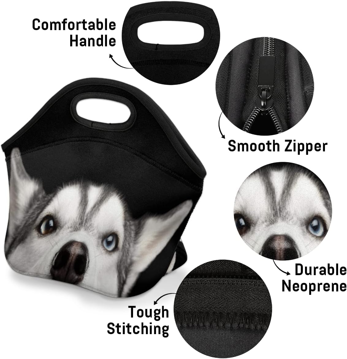 Bolsa de almuerzo de neopreno reutilizable con diseño de perro Husky con diseño de animales, bolsa térmica para comidas, bolsa de almuerzo