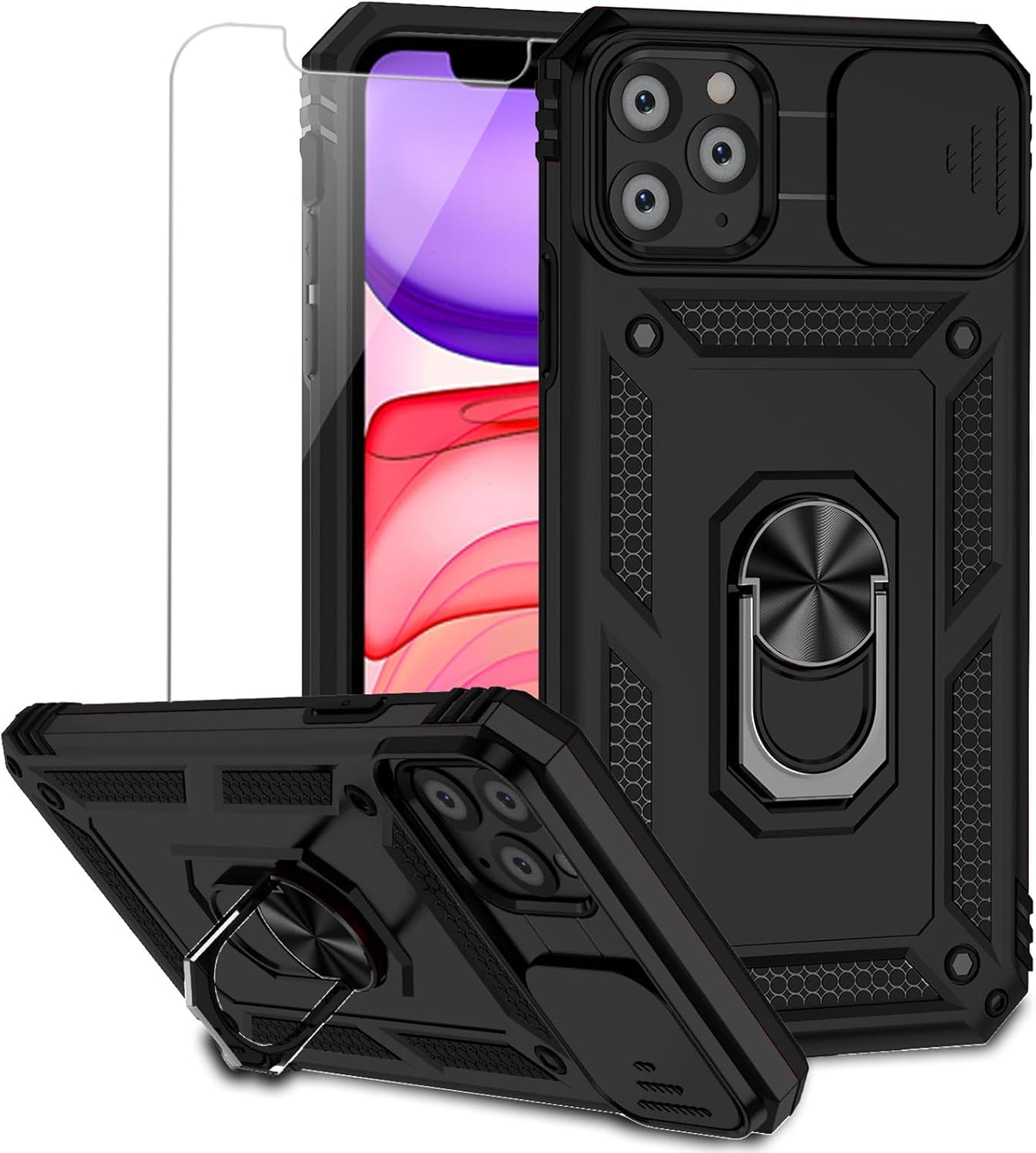 Funda para iPhone 11 Pro con cubierta para lente de cámara, protector de pantalla HD, doble capa de protección contra caídas de grado militar,