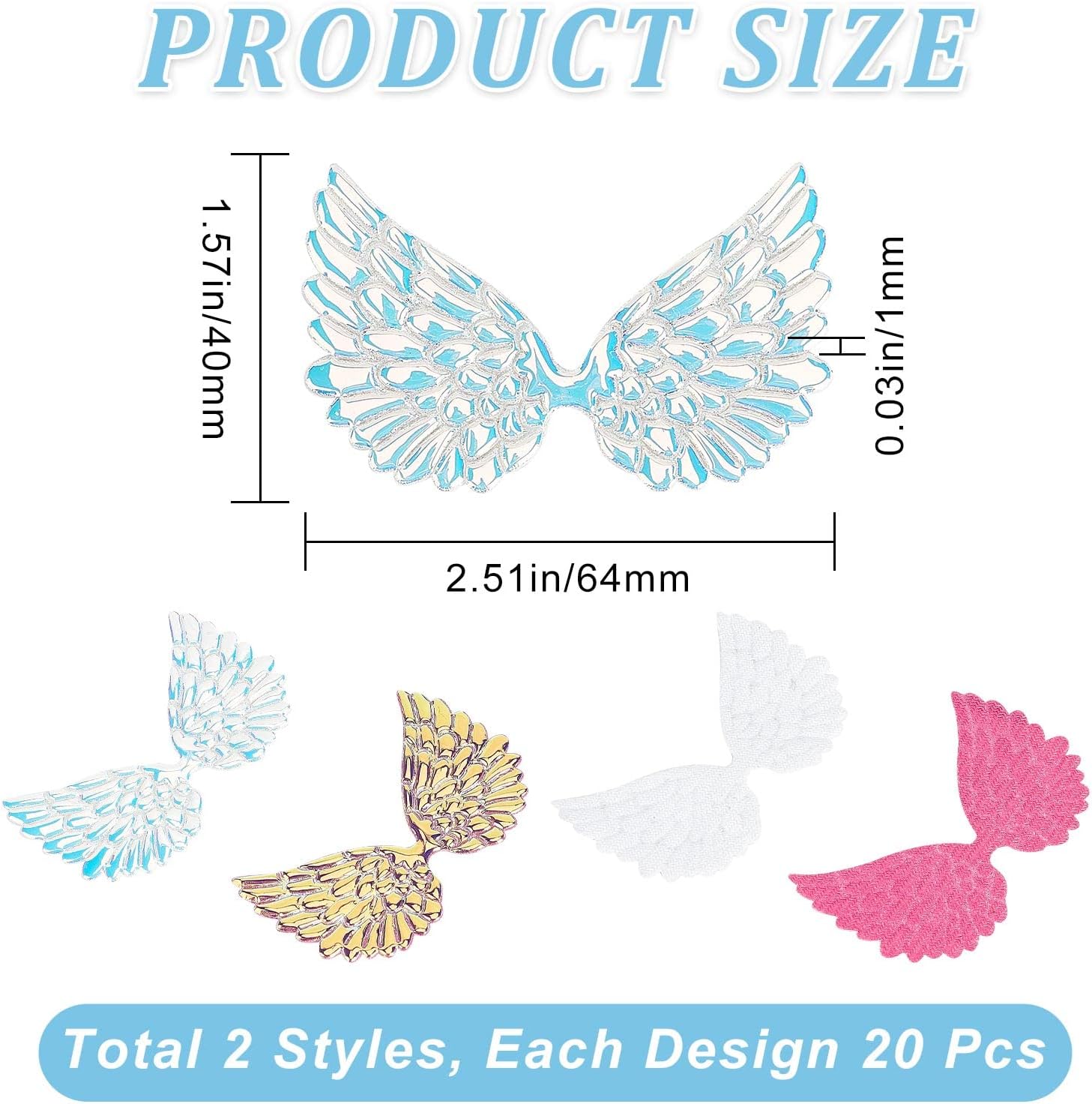 GORGECRAFT 40 piezas de alas de ángel láser de 2.5 pulgadas, parches de tela en relieve, apliques de 2 colores, mini alas para manualidades,