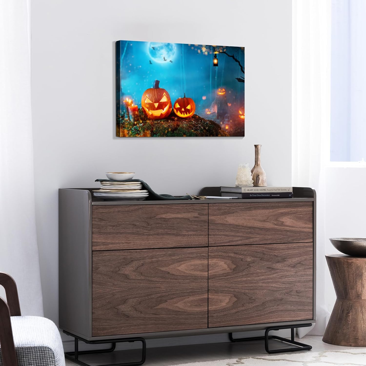 Denozer – Lienzo decorativo para pared con imágenes temáticas de Halloween, decoración de pared de calabaza iluminada, decoración de pared del hogar