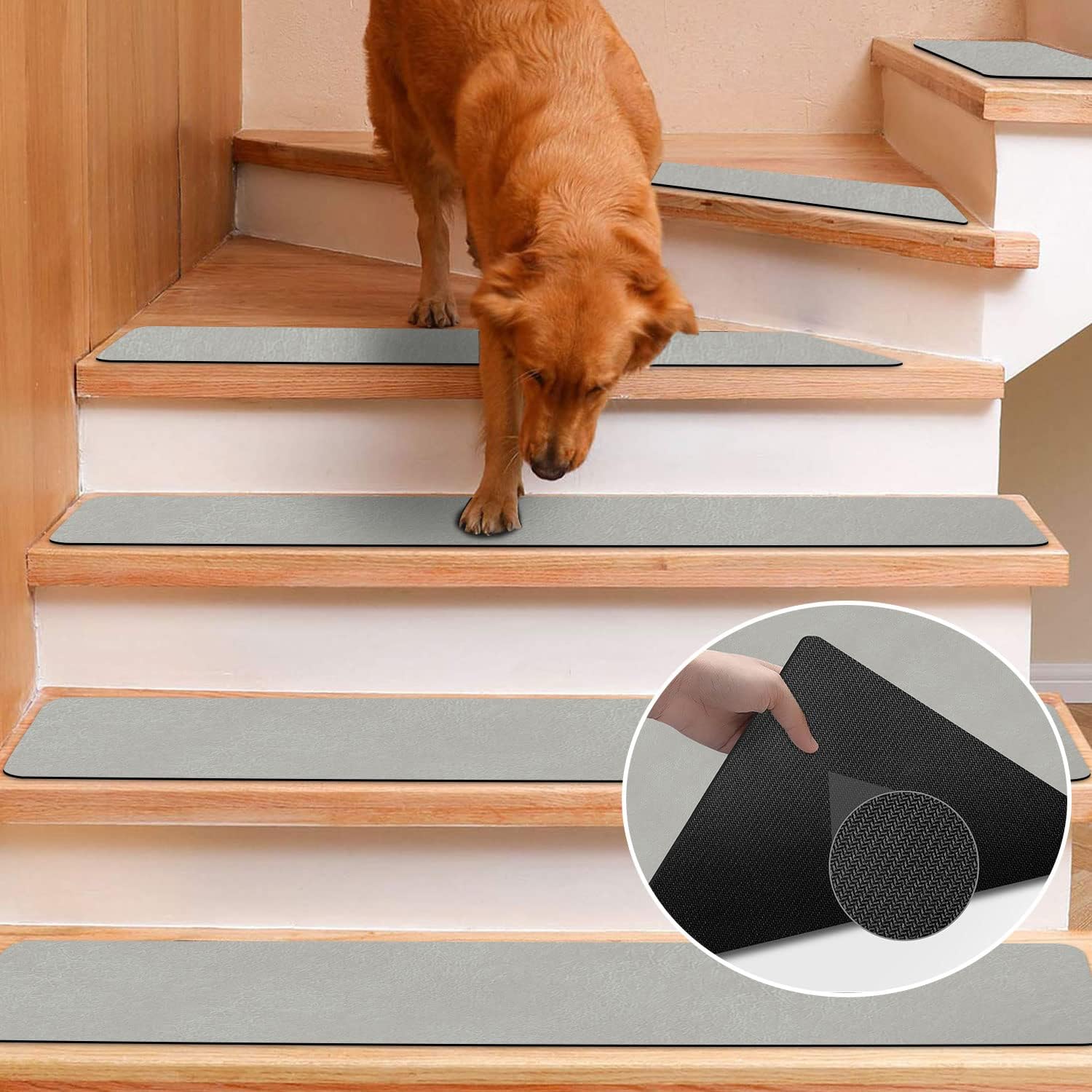 Alfombras antideslizantes para peldaños de escalera, alfombras grises para escaleras de madera, gris (8 x 30 pulgadas, juego de 4)