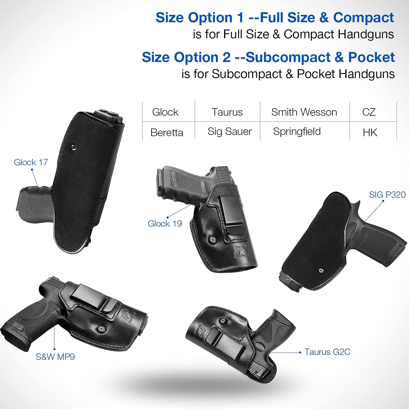 Funda de cuero de grano completo compatible con Glock 17 19 22 31 42 43Taurus G2C G3C G3M&P ShieldHellcat XDM 40P320 P365Two para adaptarse a la