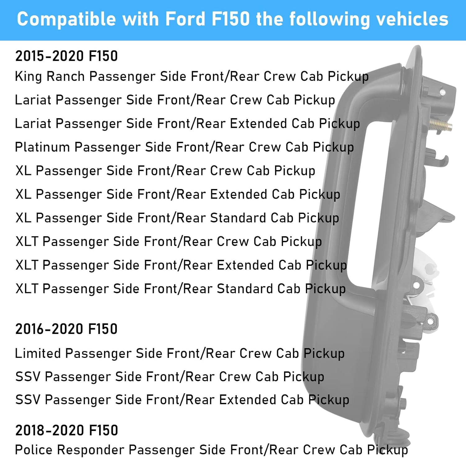 Moonlinks Compatible con manija de puerta exterior Ford F150, reemplazo de manija de puerta lateral derecha, 2015-2020 F150, color negro liso