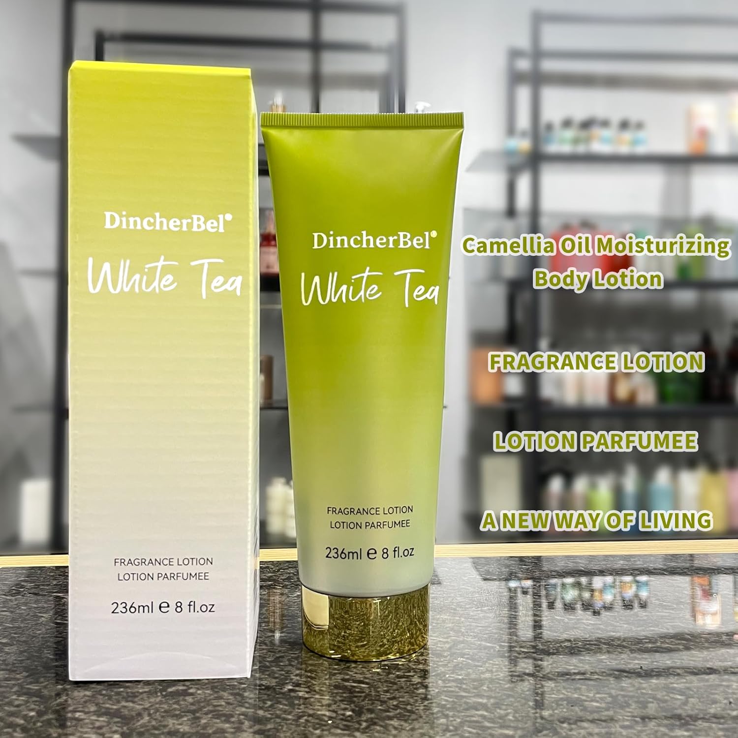 DincherBel Camellia Oil Loción corporal hidratante para hombres, mujeres y niños, crema hidratante para todo tipo de piel, 8 onzas (té blanco)