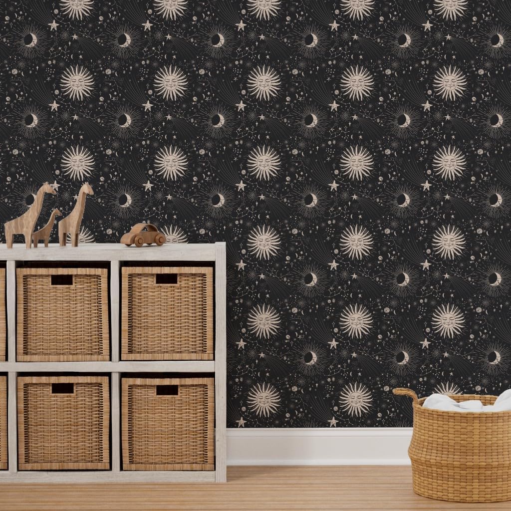 Spoonflower Papel tapiz para despegar y pegar – Boho Astronomía Celestial Astrología Negro Beige Bohemio Femenino Papel pintado extraíble