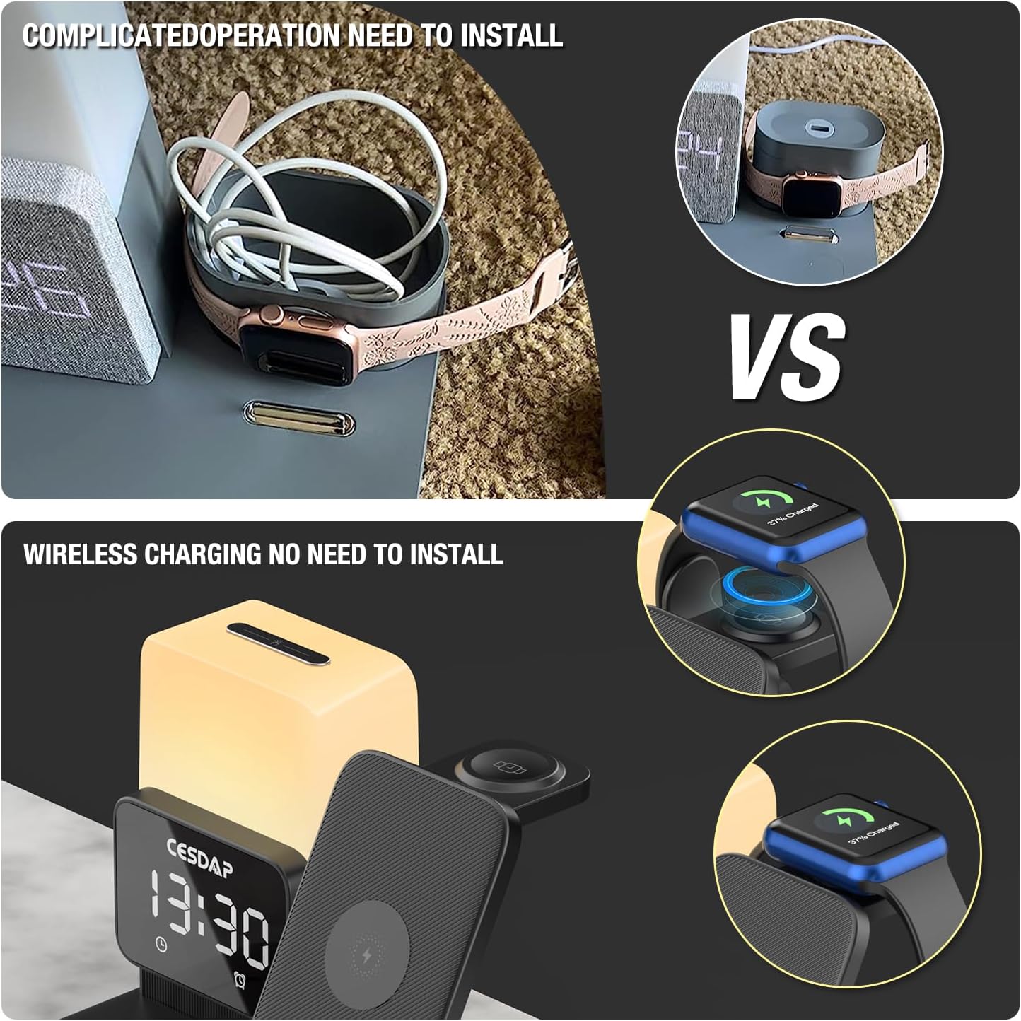 C3 Pro – Estación de carga plegable 6 en 1 para múltiples dispositivos con luz de reloj despertador, cargador de 18 W para iPhone 1514131211 para