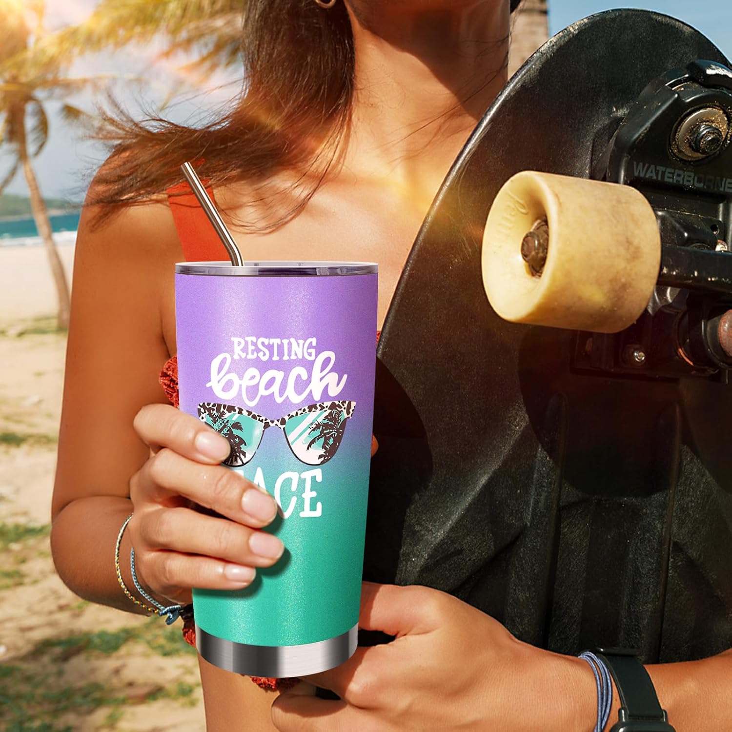 Vasos aislados de 20 onzas con tapa y pajilla, cara de playa en reposo, doble pared, acero inoxidable, vaso de vino al vacío, para café, vino, taza