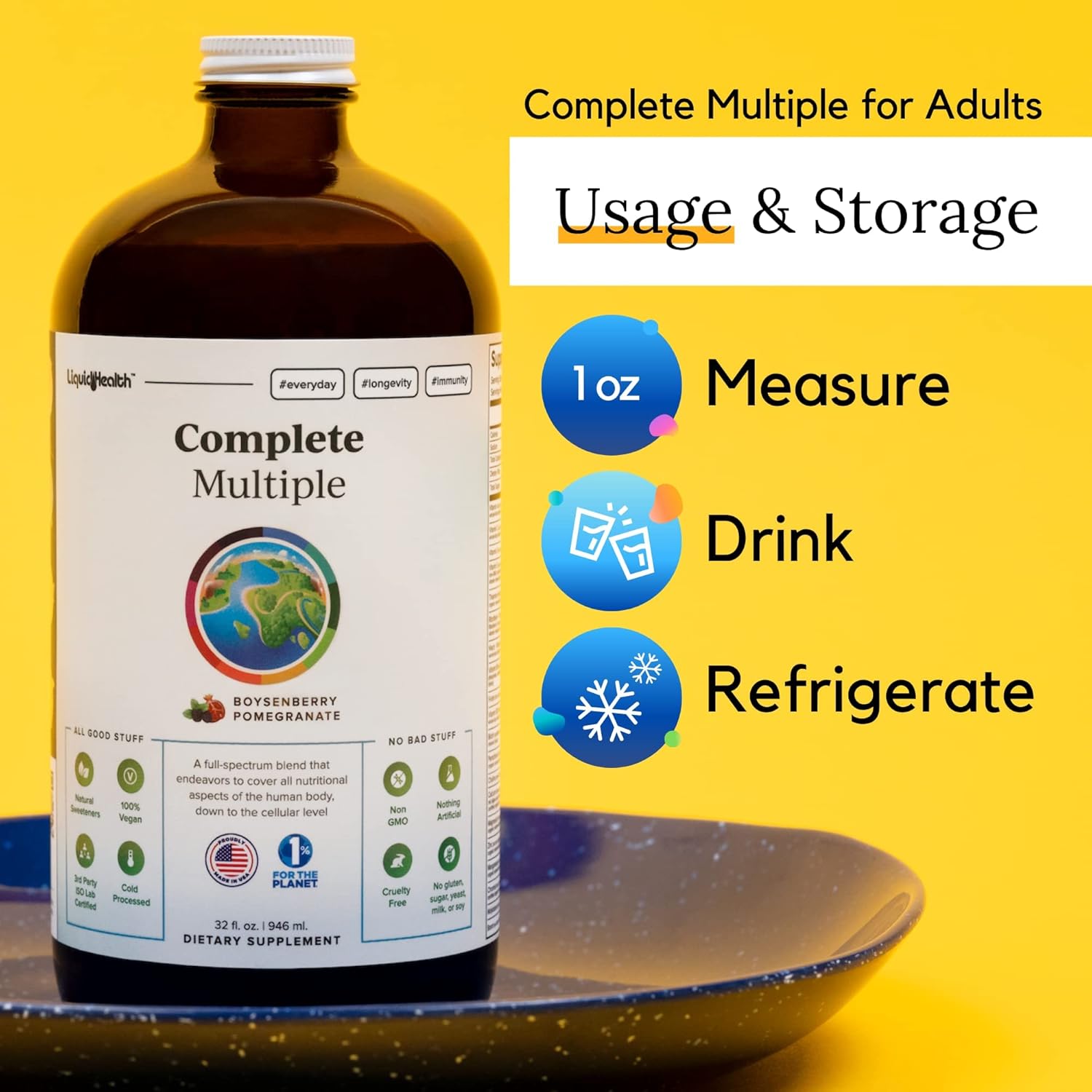 LIQUIDHEALTH Multivitamínico líquido de 32 onzas para hombres y mujeres adultos, apoyo inmunológico natural, sin OMG, vegano, sin gluten, sin