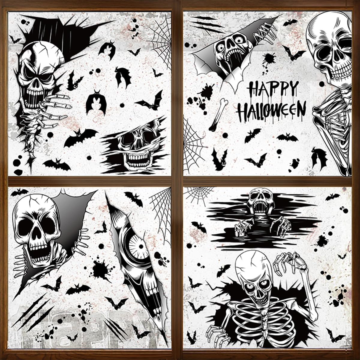 4 calcomanías de calavera de Halloween para ventana, calcomanías de pared de esqueleto de doble cara, extraíbles de Halloween, esqueleto de calavera