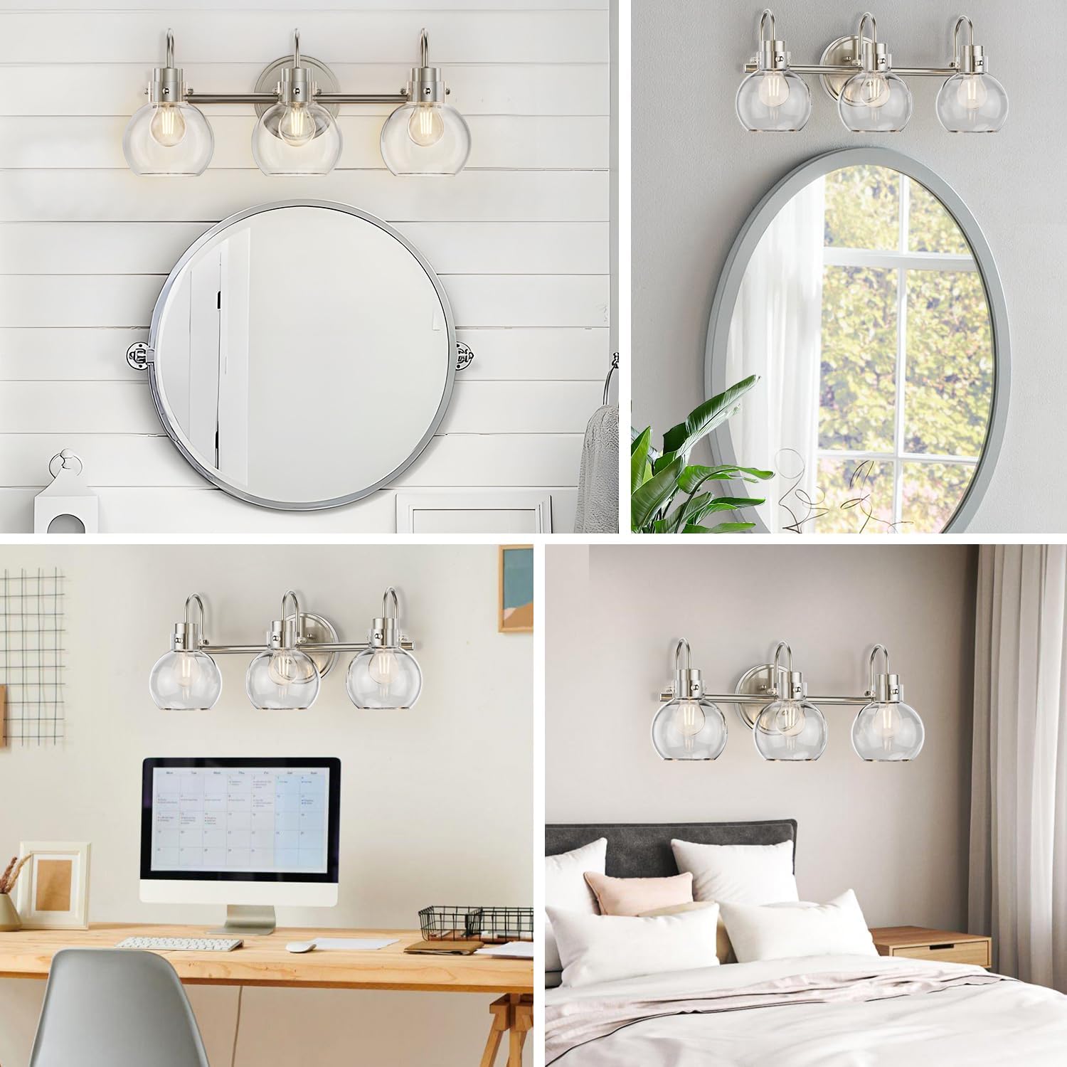 Lámpara de tocador de 3 luces, lámparas de baño de níquel cepillado, apliques de pared de granja con pantalla de vidrio transparente de globo,
