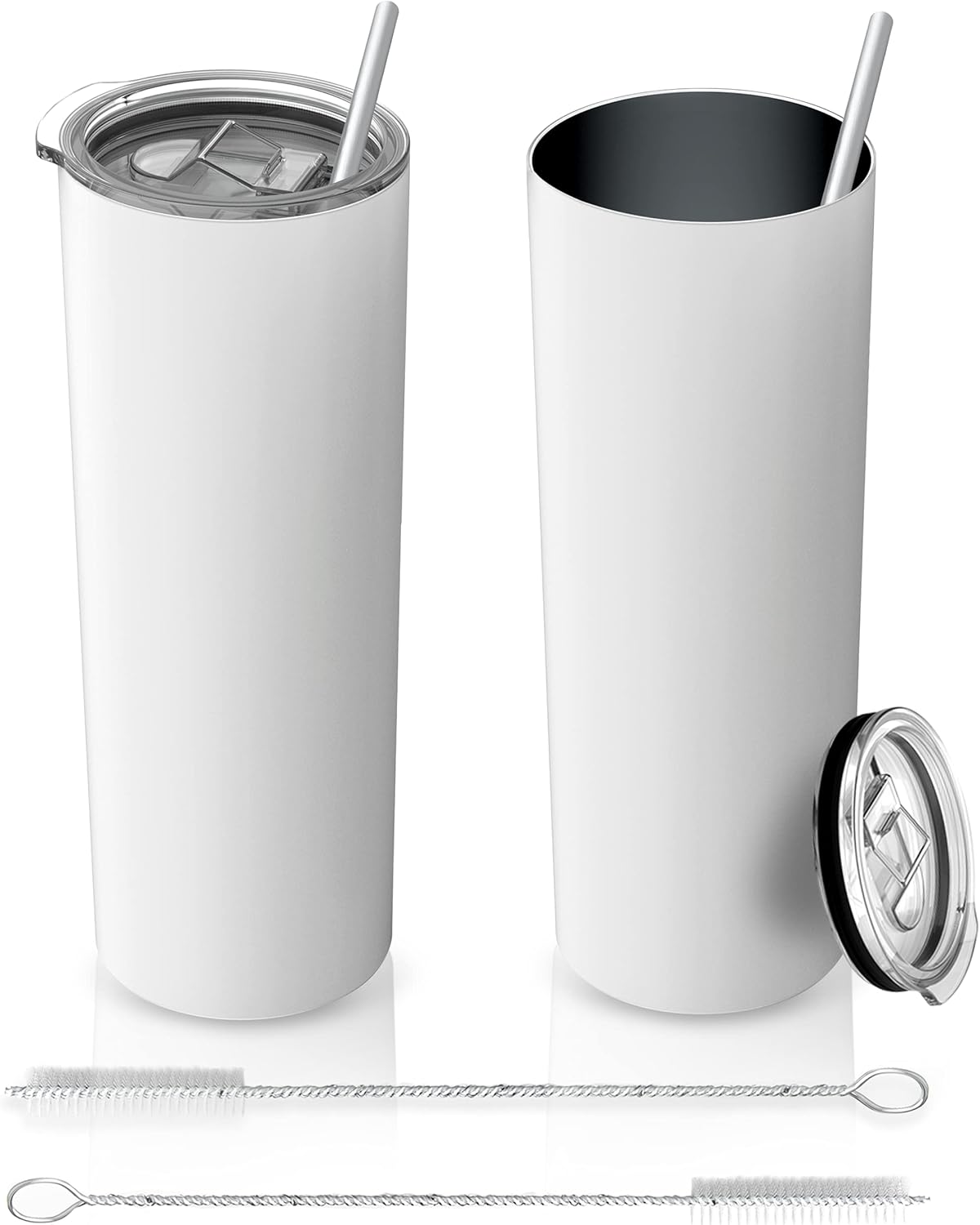 Vasos delgados de 20 onzas con tapas, popotes y cepillos de limpieza, vaso aislado de acero inoxidable para bebidas frías y calientes, una taza de