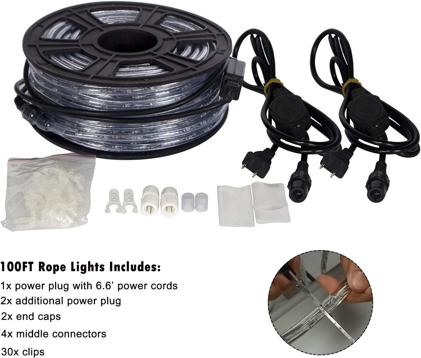 walsport Halloween Christmas Rope Lights Outdoor 100ft LED Decorative Waterproof String Light for Indoor Party Business, 110v LEDs Warm White