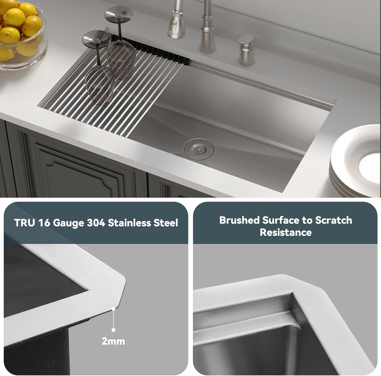 Lordear Fregadero de cocina de 33 pulgadas de montaje inferior – Fregaderos de cocina de acero inoxidable de 33 x 19 pulgadas, estación de trabajo,