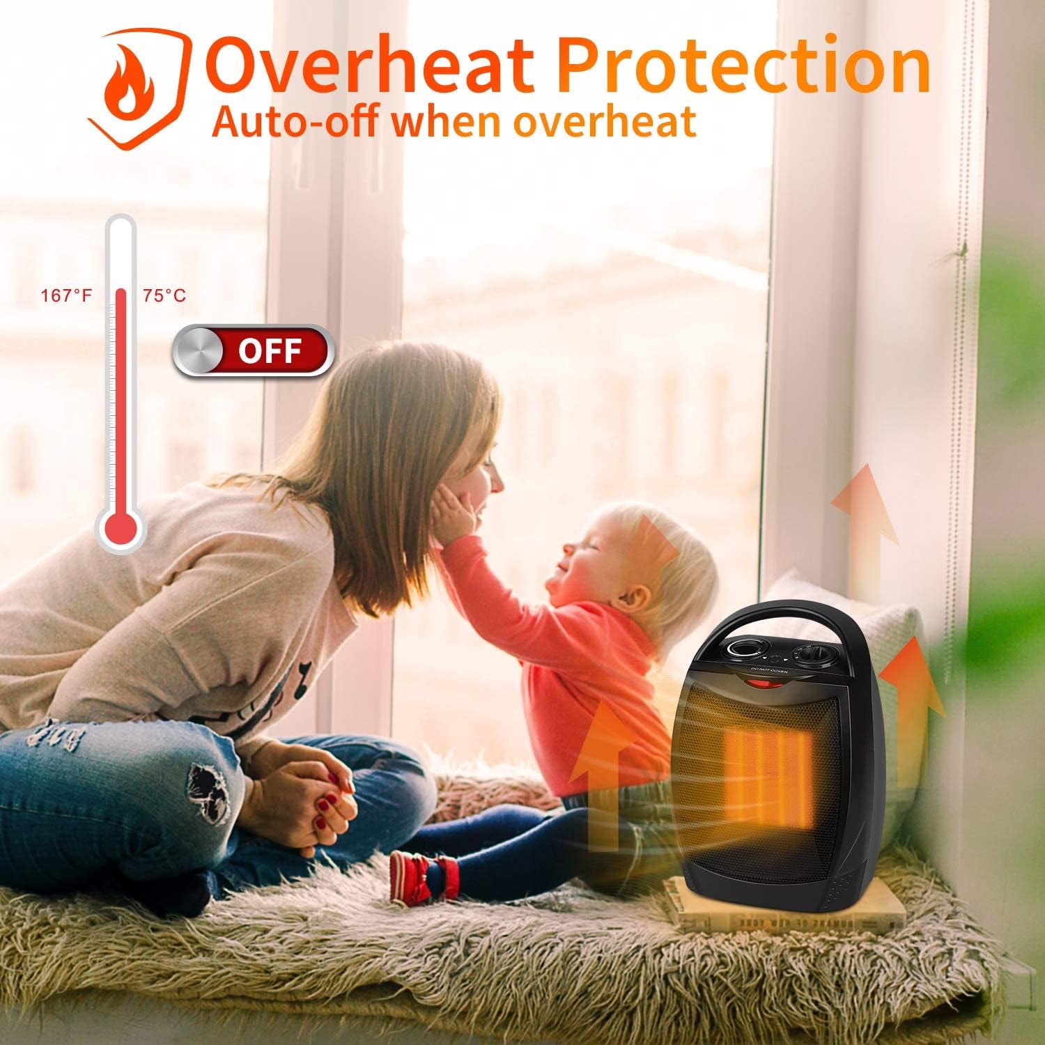 Calentador eléctrico portátil con termostato, ventilador de cerámica seguro y silencioso de 1500 W750 W, calienta 200 pies cuadrados para oficina,
