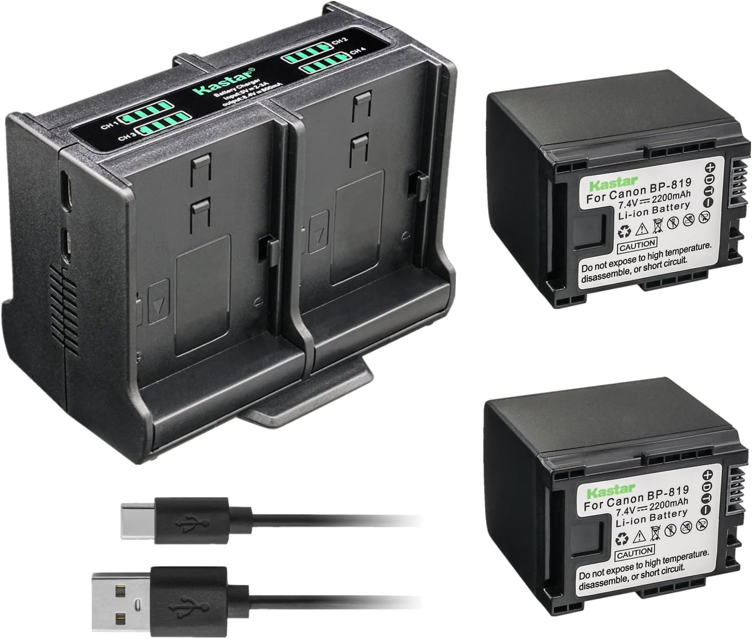 Kastar Paquete de 2 baterías y cargador cuádruple compatible con Canon BP-809B BP-809S, BP-819, BP-827, cargador CG-800, VIXIA HF M300 HFM300, VIXIA