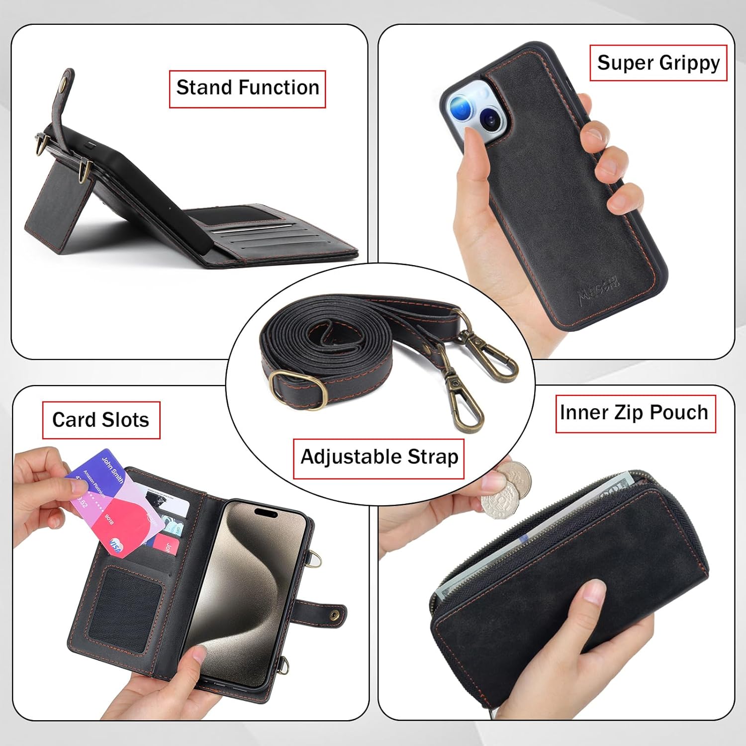 QIXIU Funda tipo cartera para iPhone 15 Plus, multifunción, desmontable, 3 en 1, funda magnética para teléfono, con correa abatible, cremallera y