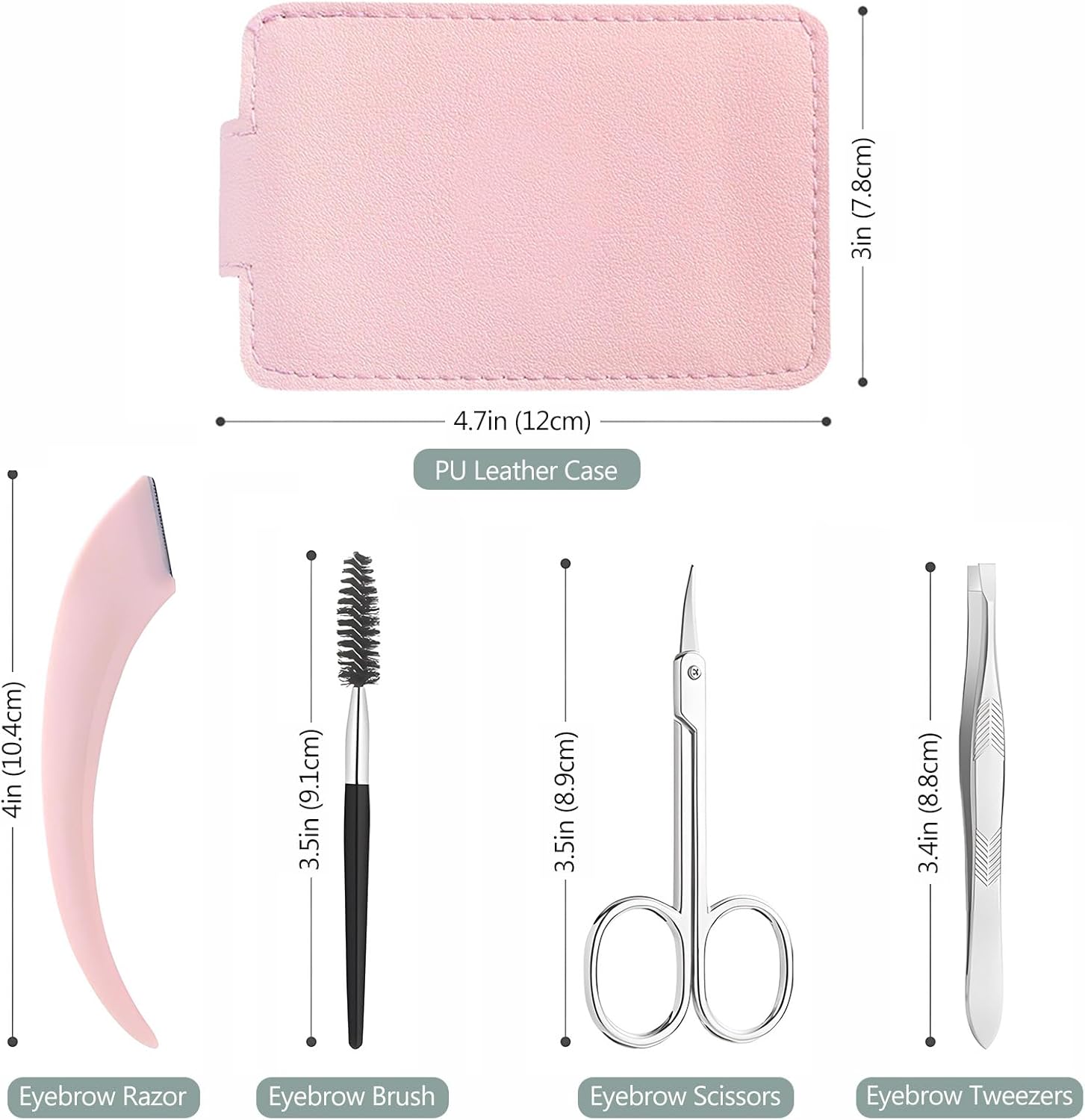 Kit de recortador de cejas, juego 5 en 1 con tijeras para cejas, maquinilla de afeitar, pinzas, cepillo y espejo para mujer, incluye bolsa de cuero