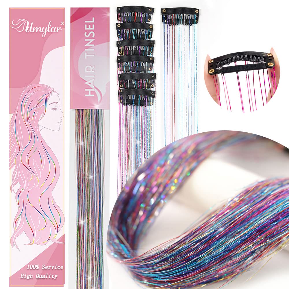 Paquete de 12 extensiones de cabello de oropel con clip de 20 pulgadas, extensiones de cabello de oropel con purpurina colorida para fiesta,