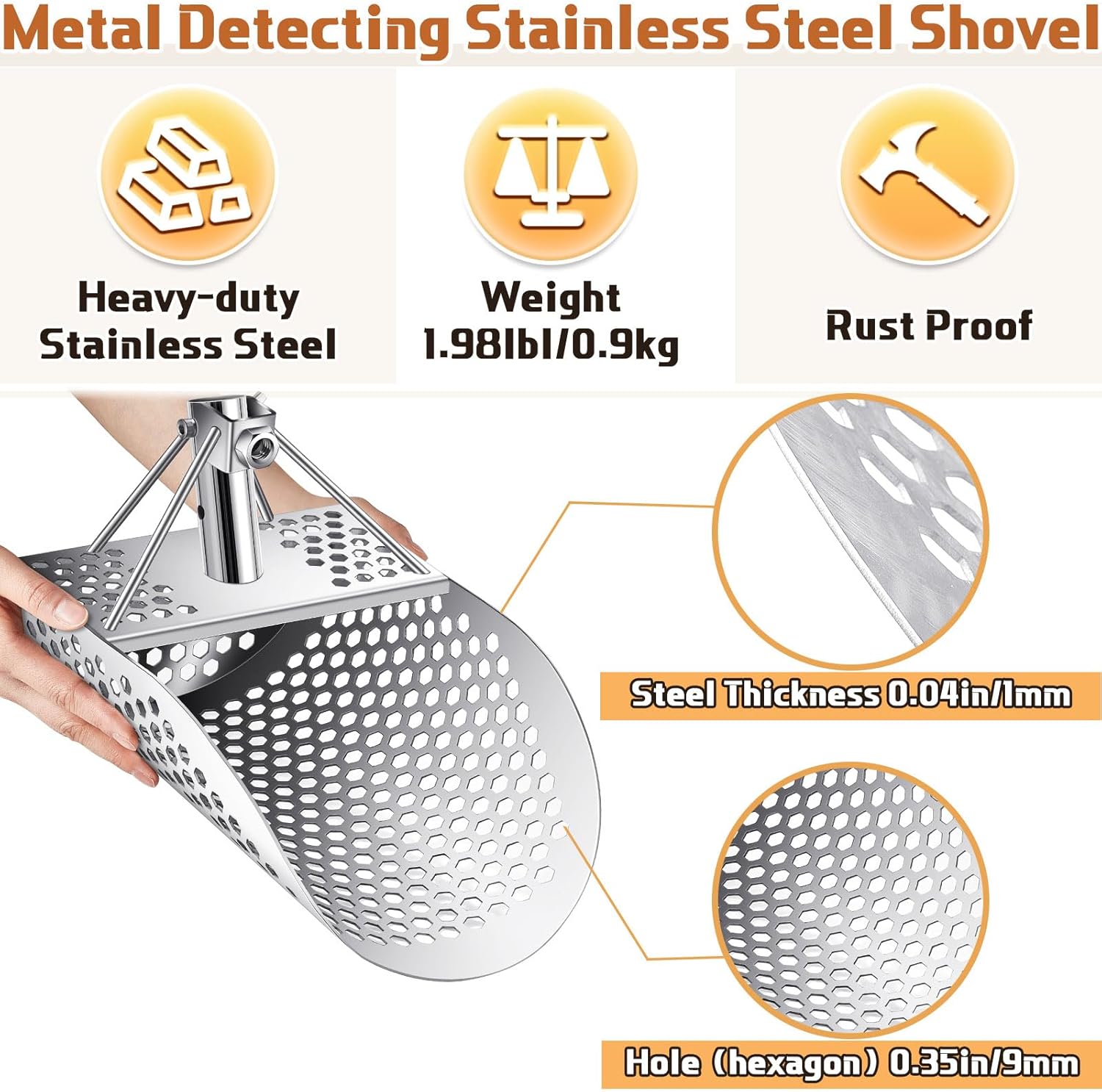 Cuchara de arena para detección de metales, pala de acero inoxidable fuerte, accesorios para detector de metales, pala de playa, herramienta de