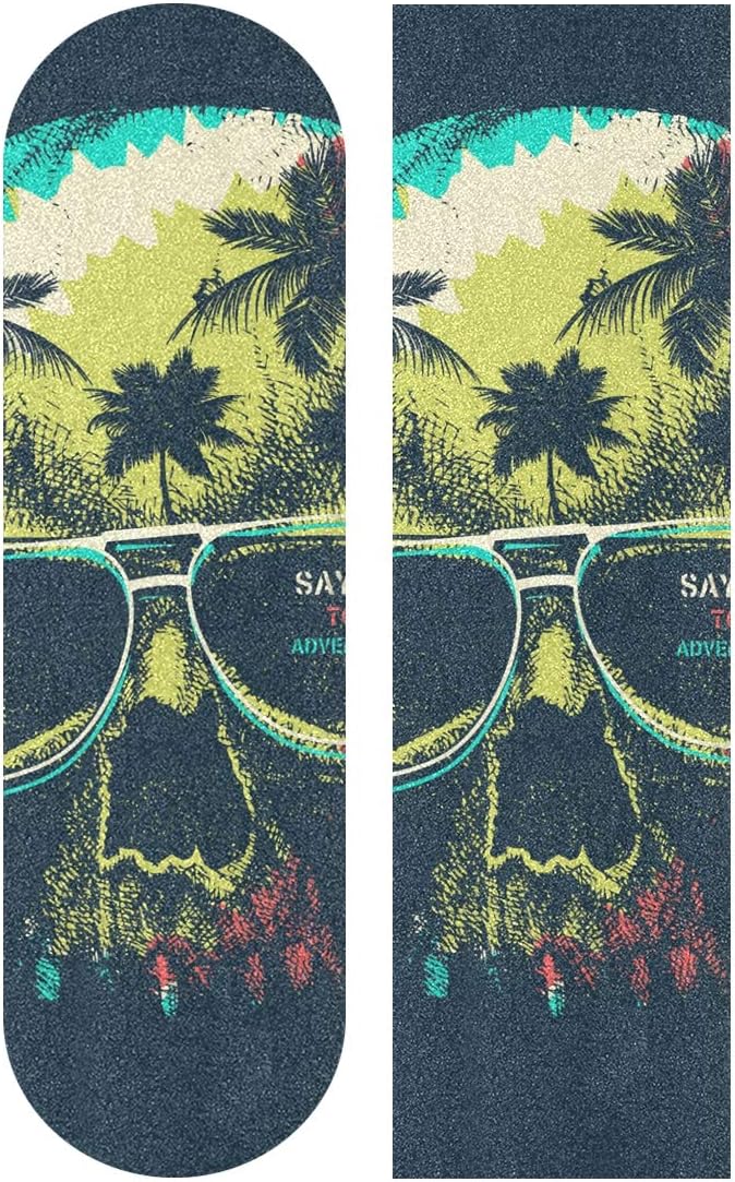Cinta de agarre para patineta, diseño de palmeras y calaveras aterradoras, cinta de agarre impermeable, cinta adhesiva de papel de lija para