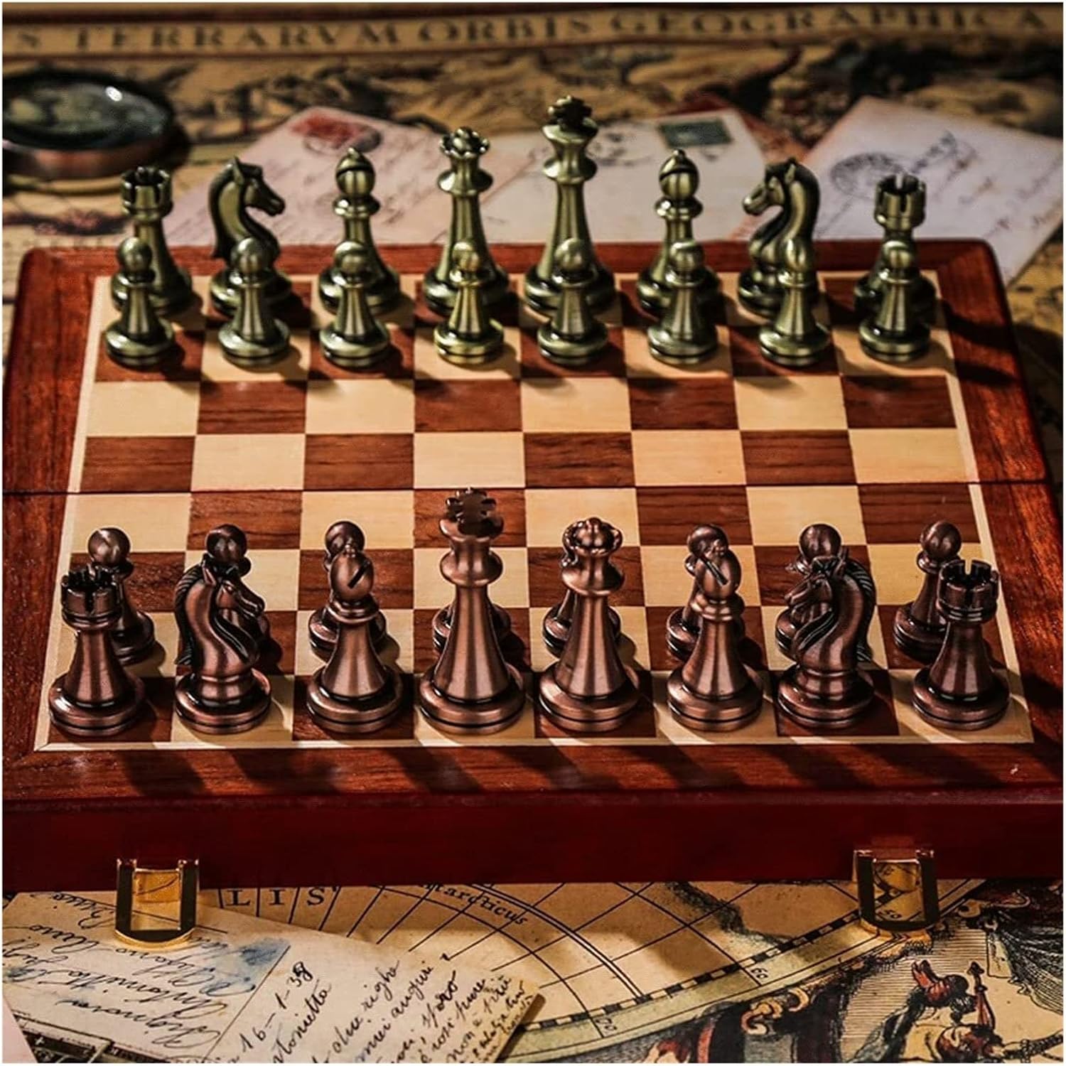 ROLTIN Juego de ajedrez de metal para adultos de 20 x 20 pulgadas, juego de ajedrez de viaje con tablero plegable de ajedrez de madera, juego de